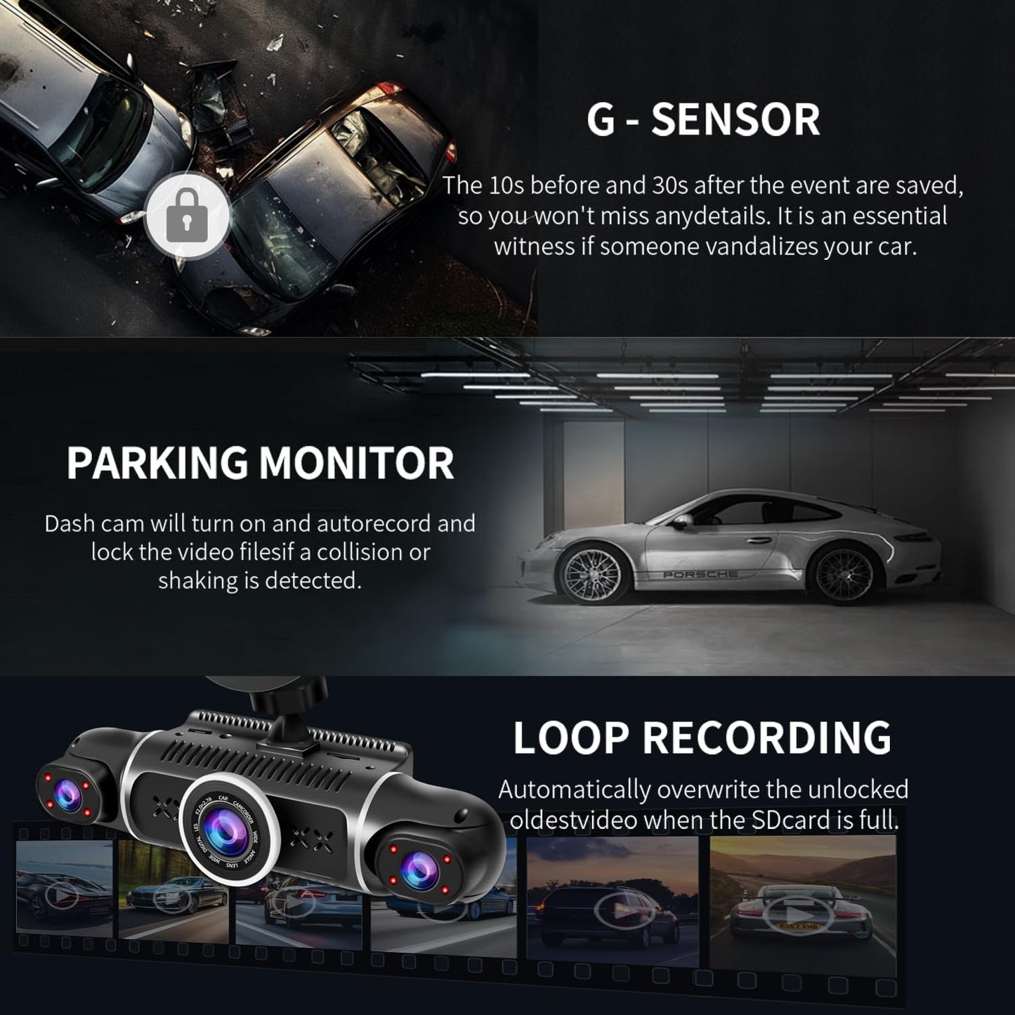 360° Dash Cam Front and Rear View 4 Channel Dash Camera FHD 2K+1080Px3 for Car, Inside/Back 170°+2x150°+170° Wide Angle, 8 IR Lamps Night Vision,WiFi,GPS, APP,G-Sensor with 64GB Card,24/7 Parking Mode