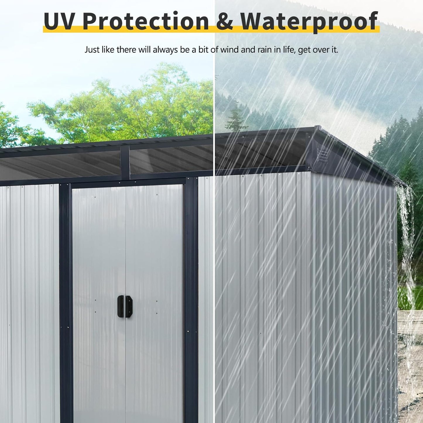 8x6 FT Outdoor Storage Shed,Metal Shed with Floor & Transparent Plate,Garden Shed W/Air Vent & Lockable Sliding Door,All Weather Waterproof Tool House W/Sloped Roof,Black+White