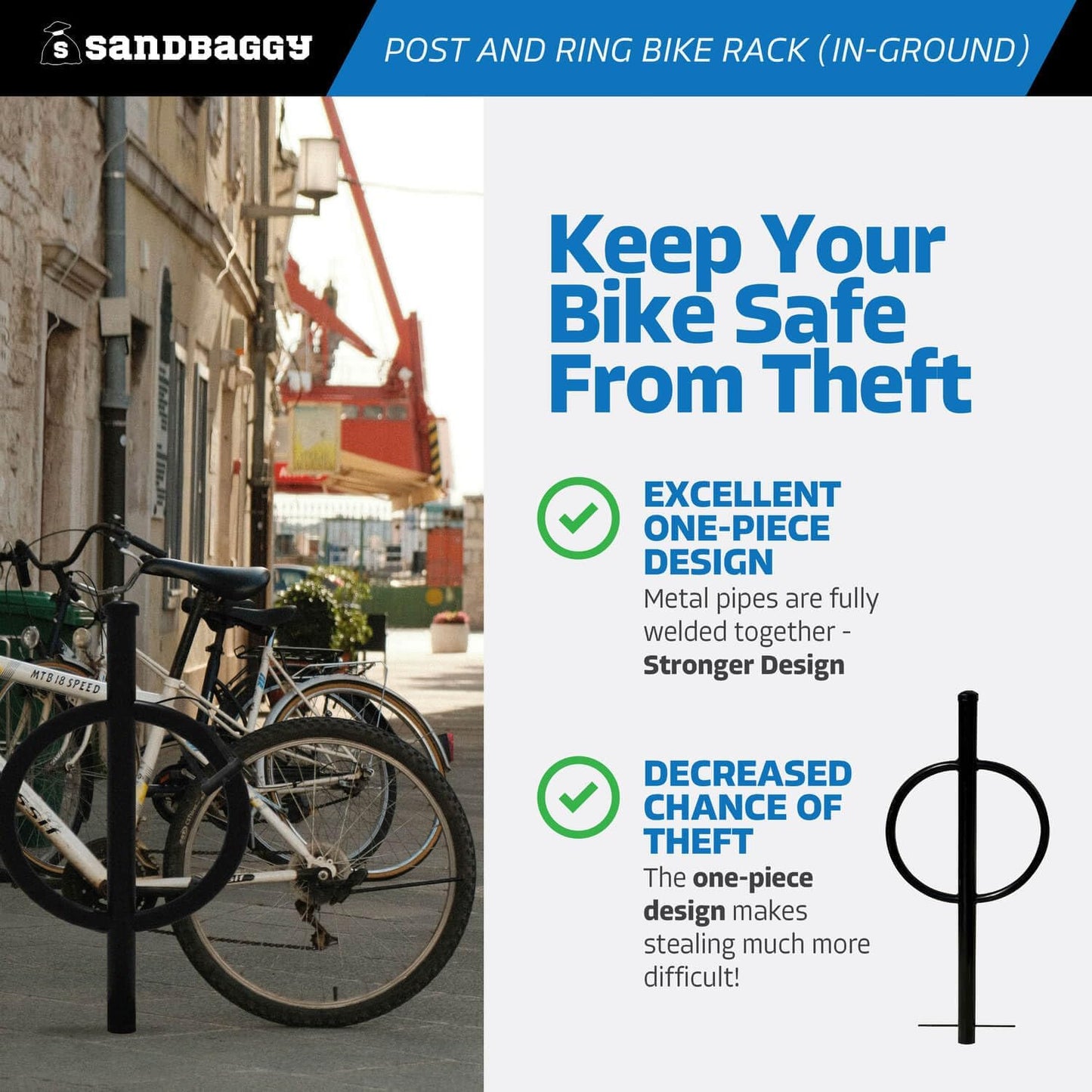 Sandbaggy Post and Ring Bike Rack - Commercial Outdoor Bike Parking Racks (In-Ground, 10)
