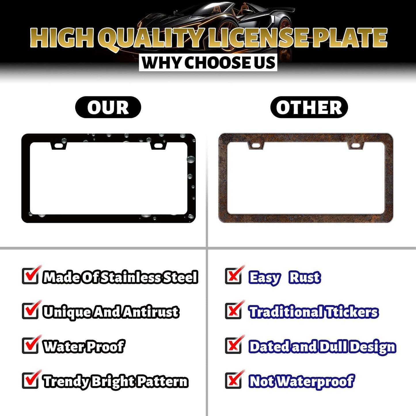 Blue Floral Flowers License Plate Frame Beautiful Flower License Plate Holder for Personalise Women Car Decorative Stainless Steel Colorful License Plate Auto Parts with Screws 12.2" x 6.2"