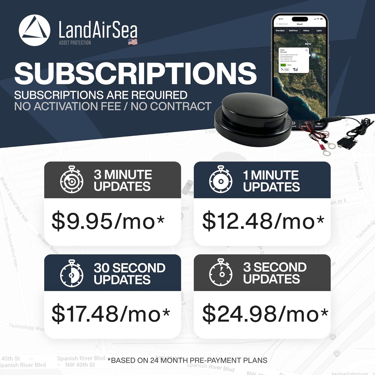 LandAirSea Overdrive Permanent GPS Tracker - Includes Waterproof Hardwire Kit and Permanent Mount. Perfect for Long-Term Tracking of Equipment, Vehicles, and More. Real-Time Global Tracking.