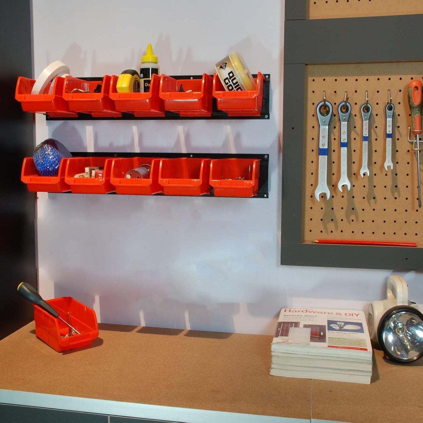 Wallmaster 8-Bin Storage Bins Garage Rack System 2-Tier Orange Tool Organizers Cube Baskets Wall Mount Organizations (Orange)