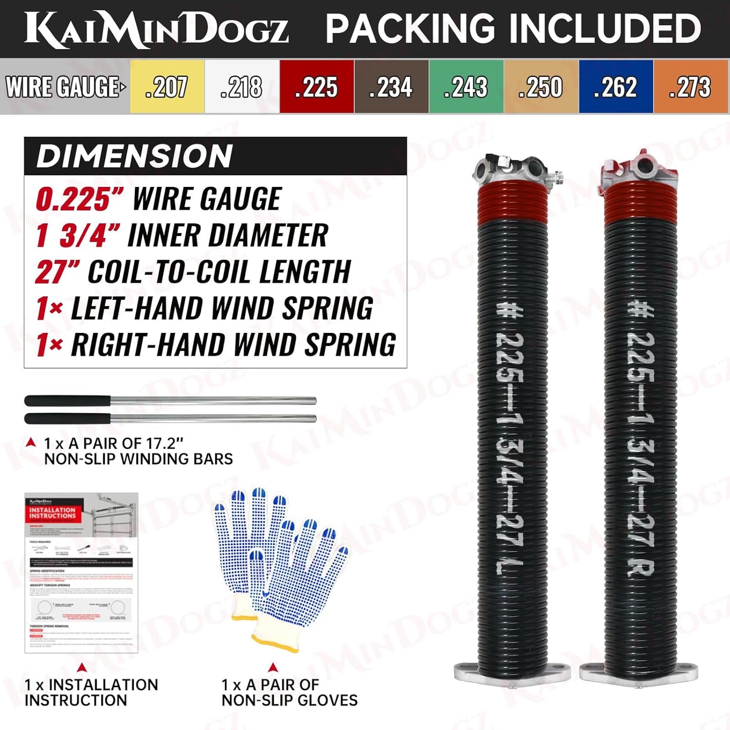 Pair of 1.75" Garage Door Torsion Springs Set with Non-Slip Winding Bars&Gloves, High Precision Electrophoresis Oil-Free Black Coated for Replacement, MIN 16,000 Cycles (0.225 x 1.75"x 27")
