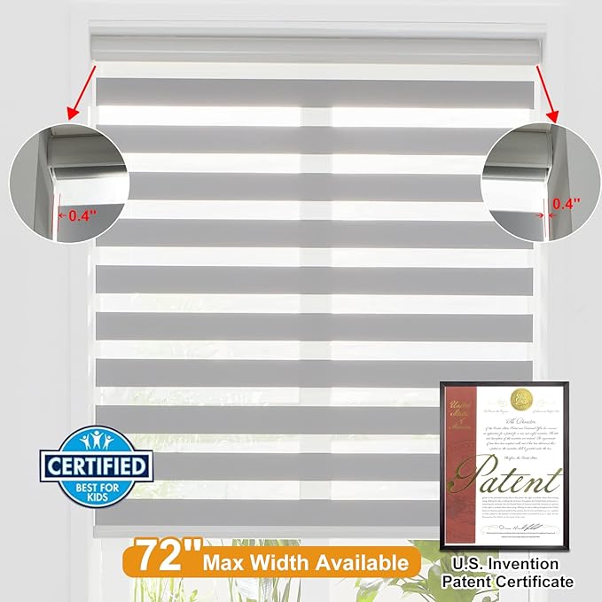 Persilux Cordless Zebra Blinds for Windows (59" W X 47" H, Grey) Free-Stop Dual Layer Roller Windows Shades for Day and Night, Light Filtering Sheer Shades for Home, Easy to Install