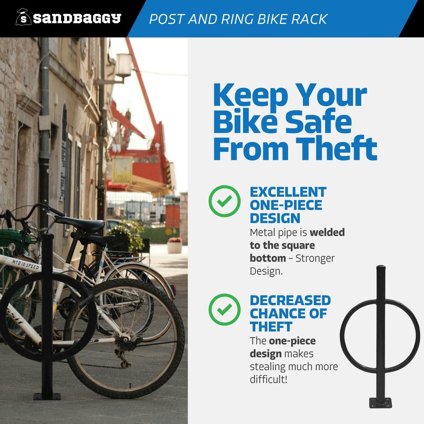 Sandbaggy Post and Ring Bike Rack - Commercial Bike Racks - Galvanized Steel - Anti-Theft Design - In Ground, Apartments, Sidewalks, Industrial (Blue, 1)