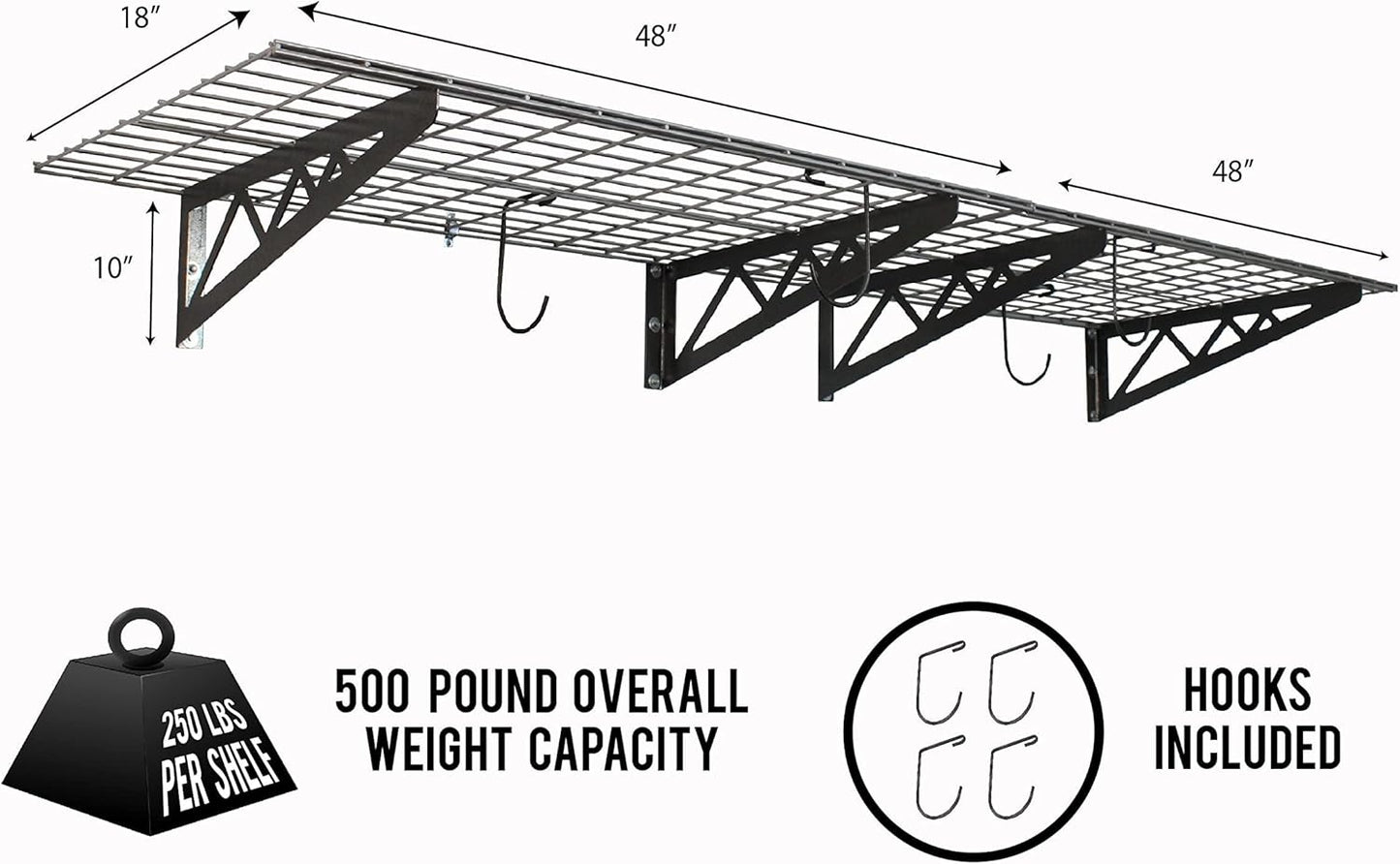 SafeRacks Wall Shelves - 4 Pk 24"x48" Wall Mountable Shelving Unit for Storage Rack, Pantry Shelves, Utility Shelving, Heavy Duty Shelves w/8 Accessory Hooks, 500lbs Capacity, Hammertone
