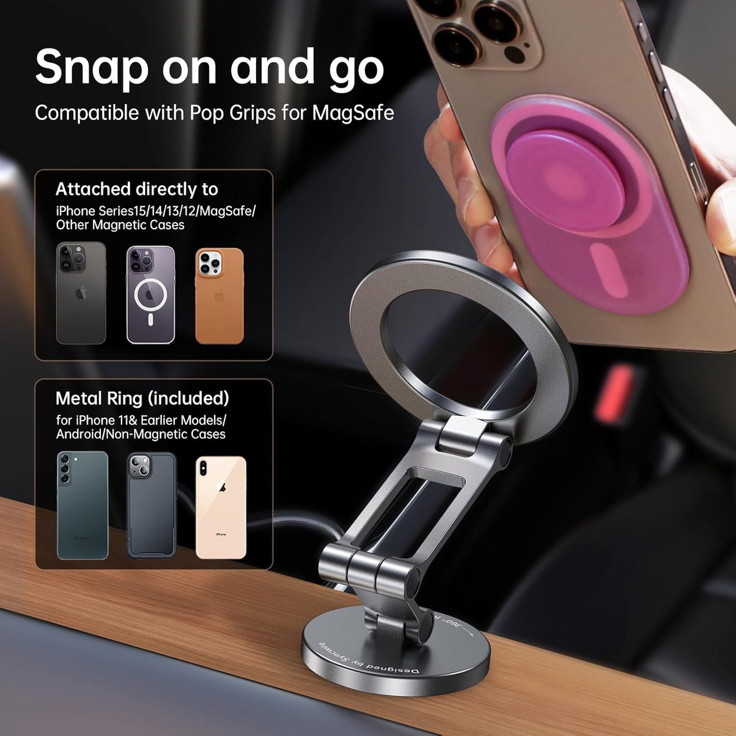 SYNCWIRE Fits MagSafe Car Mount, [All-Metal] Magnetic Phone Holder for Car, [Flexible Three-axis] 360° Rotation Magnetic Car Mount Strong Magnets Car Phone Holder Fits iPhone 16 15 14 13 12 Pro Max