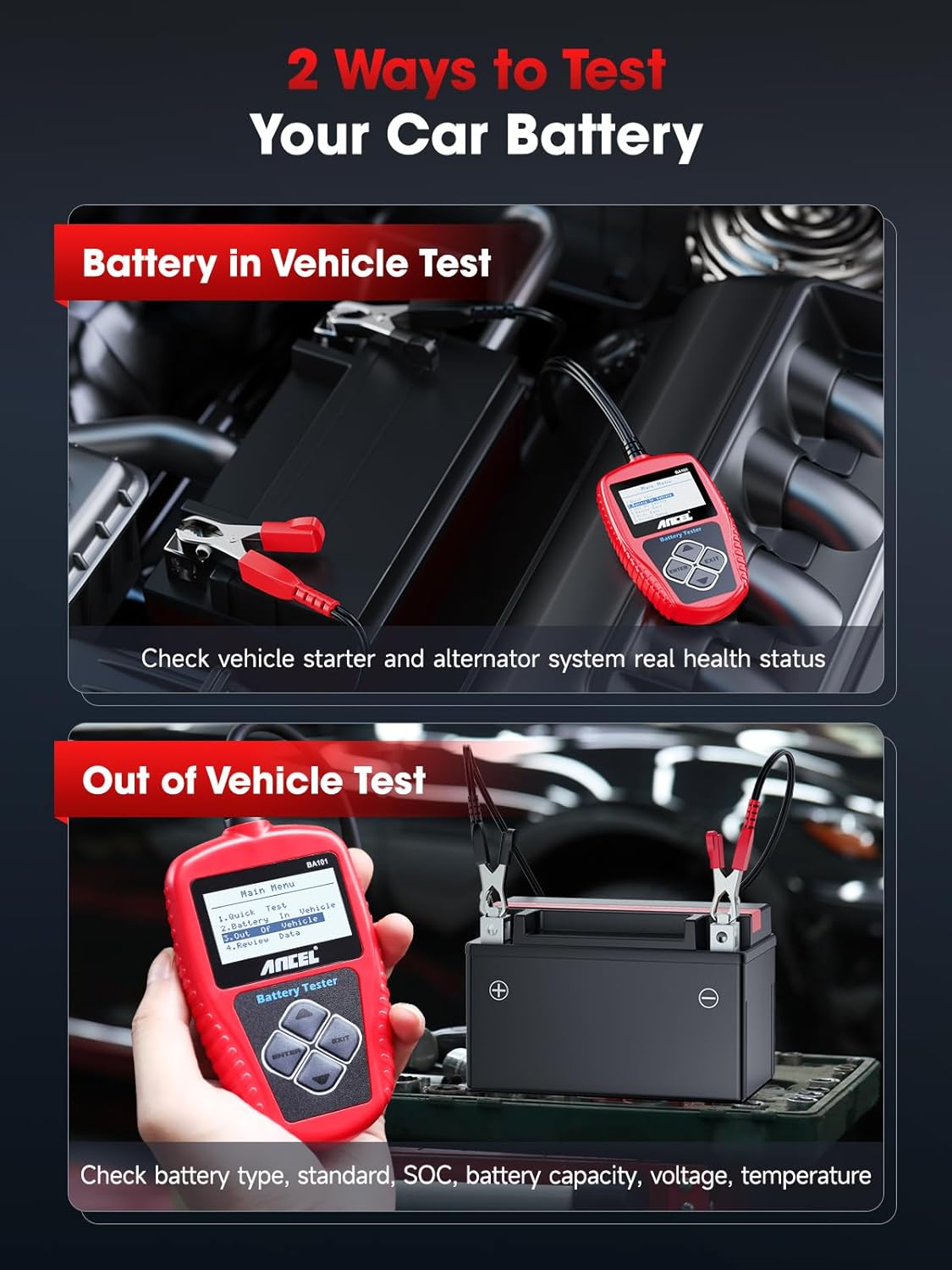ANCEL BA101 Car Battery Tester, 12V Digital Automotive Alternator Meter Diagnostic Tool,100-2000 CCA Load Capacity, Charging & Cranking Analyzer for Truck, Boat, RV, Marine Vehicle, and More