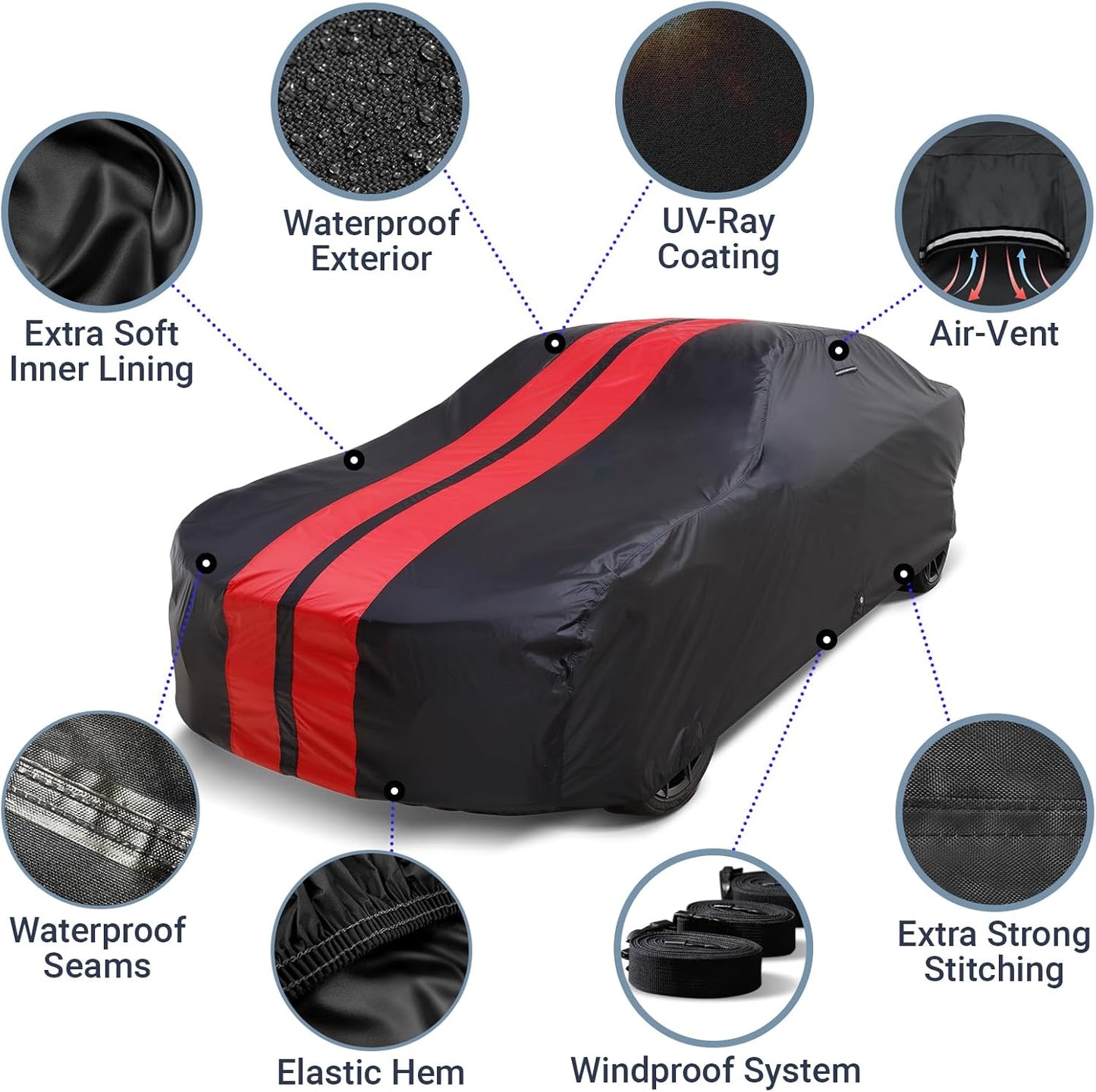 iCarCover Custom Car Cover for Buick Regal (1978-1987) Waterproof All-Weather Rain Snow UV Sun Protector Full Exterior Indoor Outdoor Car Cover (Stripe - Black/Red)