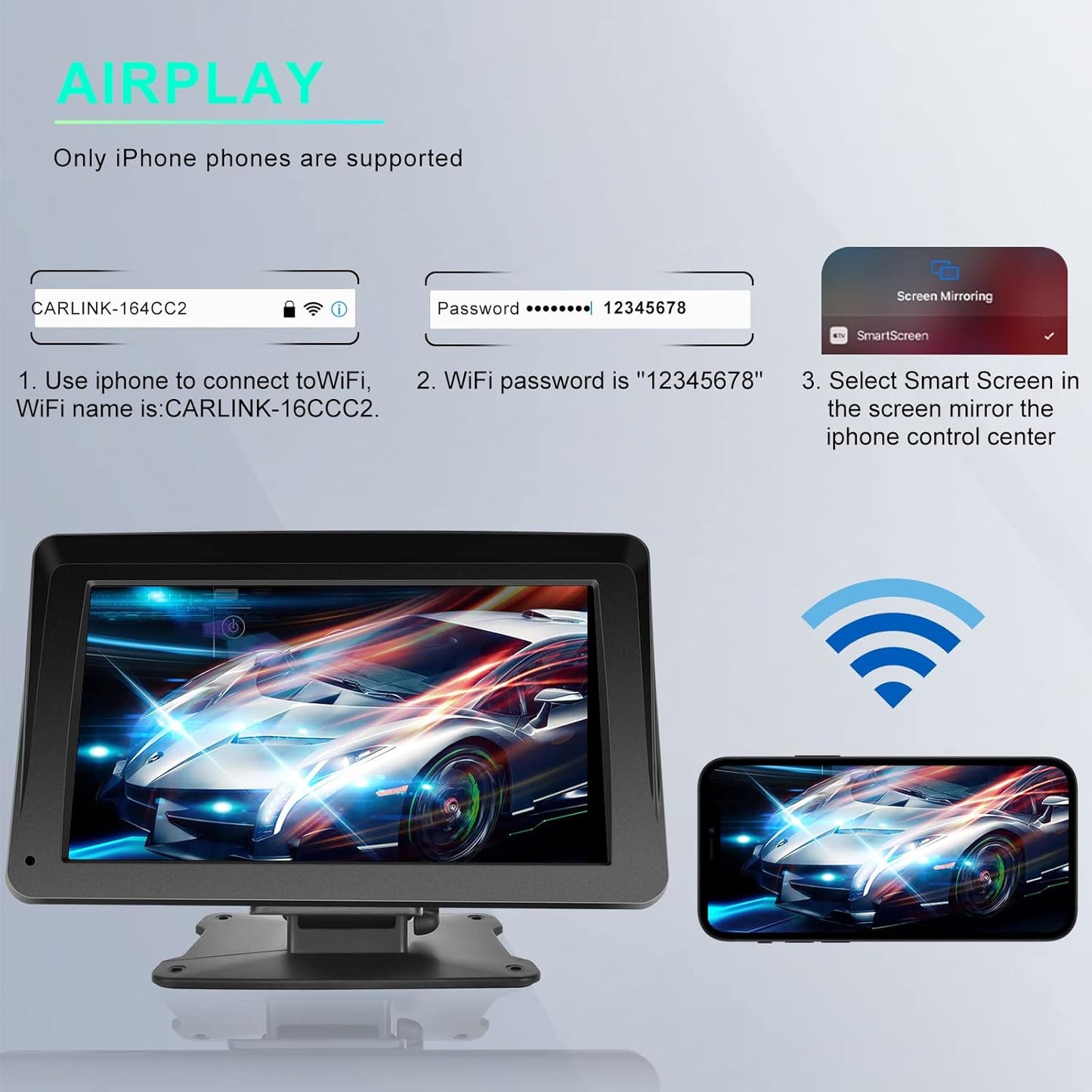 【64G TF Card】 Portable Wireless Apple CarPlay and Android Auto Screen for Car, 7" 1080P HD Touch Screen Car Stereo with Airplay, Mirror Link, Bluetooth, AUX,FM Transmitter for All Vehicle