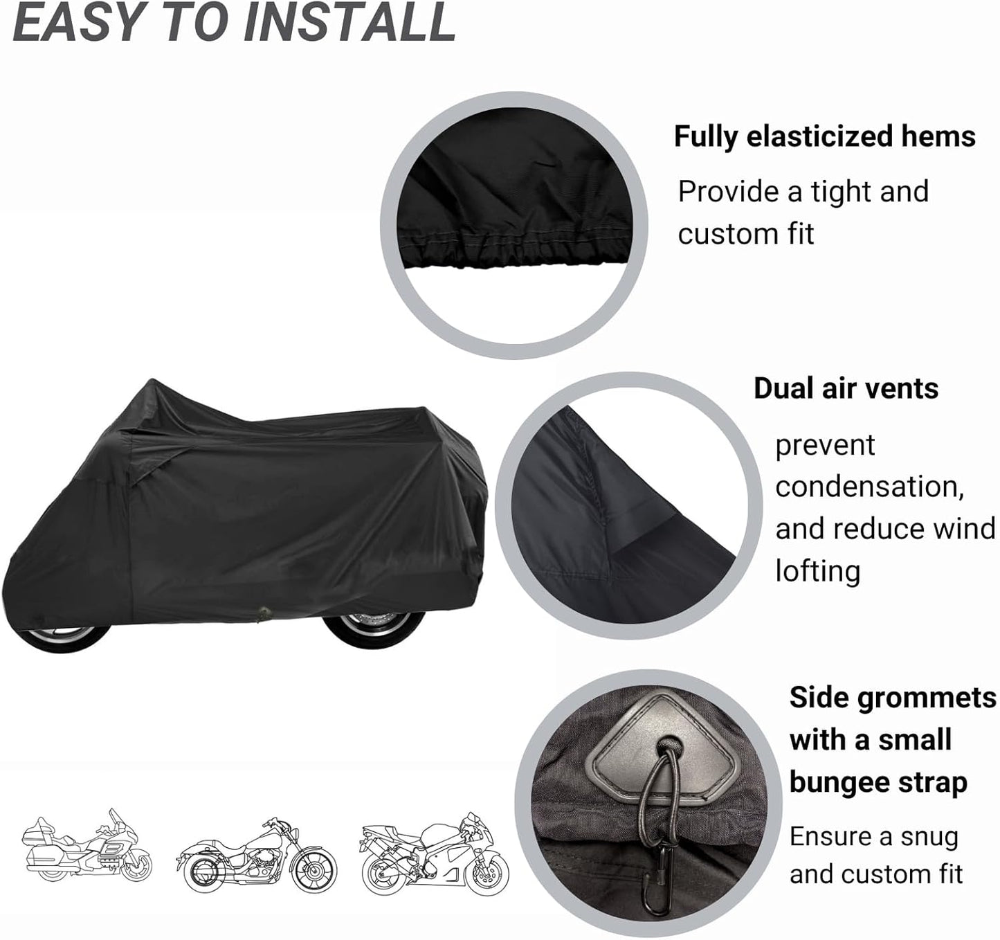 Deluxe Motorcycle Cover, Waterproof All Weather Outdoor Protection Universal Motorcycle Cover, Fade & Tear Proof Polyester fits Motorbike up to 90" L
