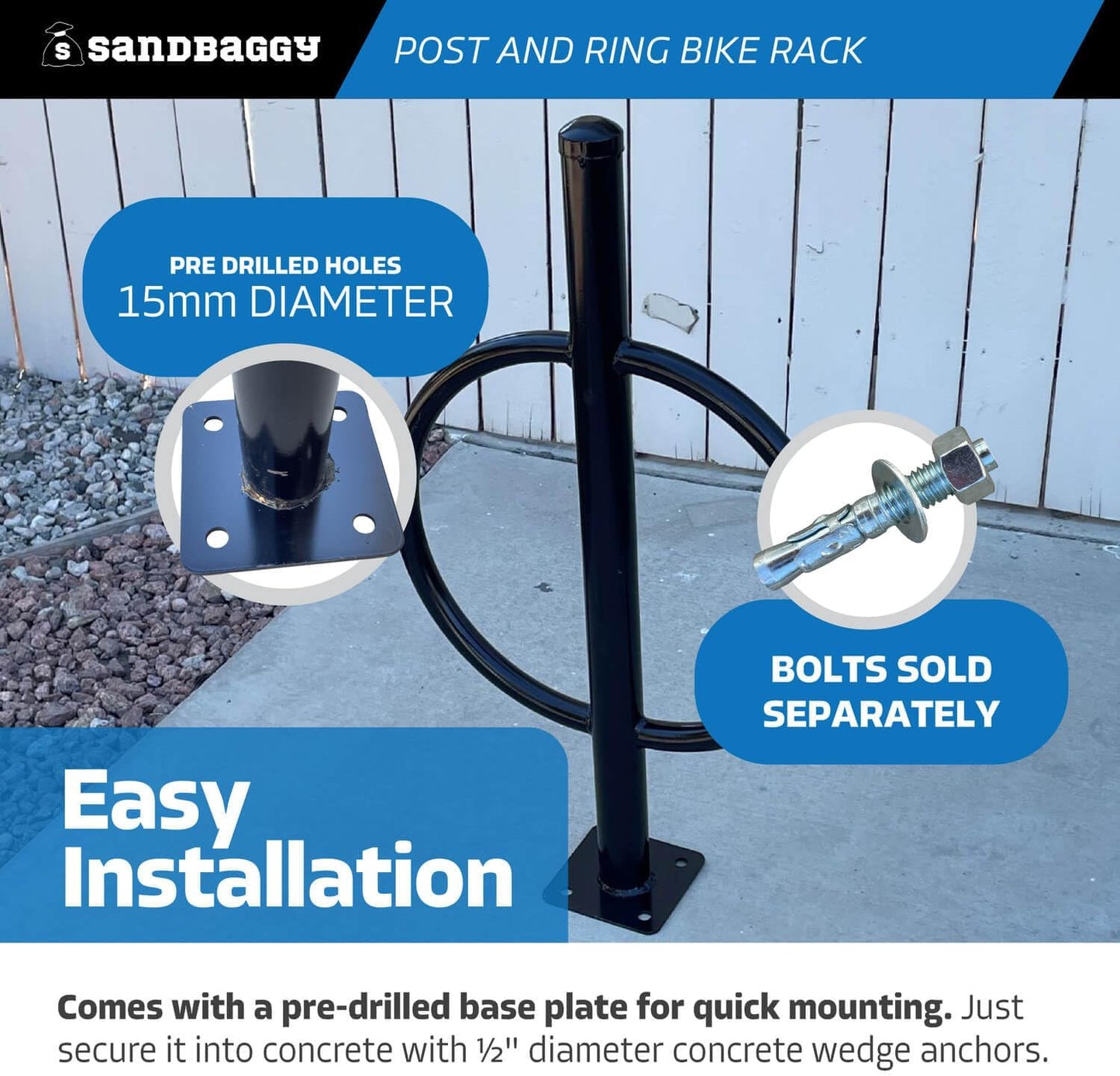 Sandbaggy Post and Ring Bike Rack - Commercial Bike Racks - Galvanized Steel - Anti-Theft Design - In Ground, Apartments, Sidewalks, Industrial (Gray, 10)