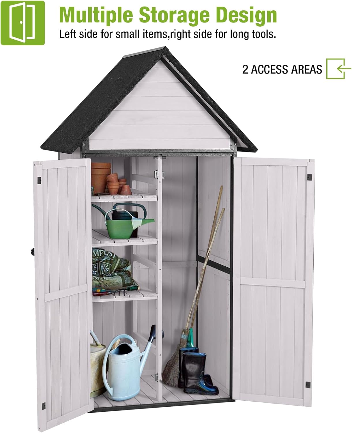 GUTINNEEN Sheds Outdoor Storage Wooden Garden Tool Shed with Metal Frame Sloped Roof and Adjustable 3 Tiers Shelves Outdoor Storage Cabinet for Backyard Garden Patio Lawn 67.1"(Off White)