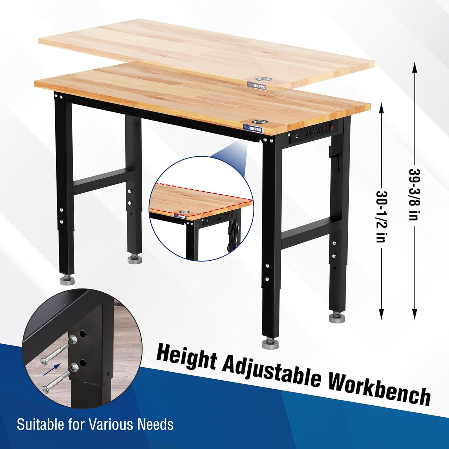 WORKPRO Garage Workbench, 48"X22" Adjustable Workbench with Wheels and Leveling Foot, Rubber Wood Top Work Desk with Power Outlets, 1500 LBS Workbenches for Garage, Workshop