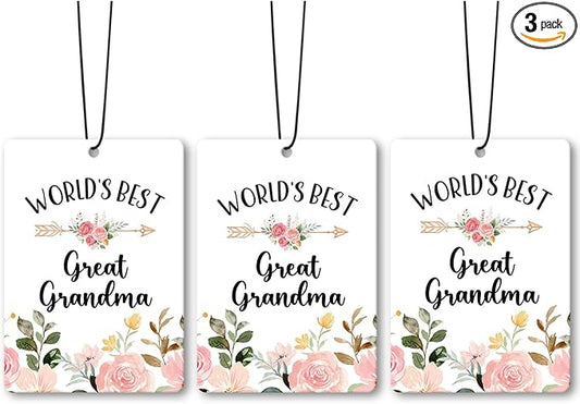 Great Grandma Gifts Car Air Freshener Accessories 3pcs, World's Best Gifts for Granmda Christmas, Pink Flower Rustic Hanging Scent Lavender Fragrance Card for Women Closet Bathroom Home Decor