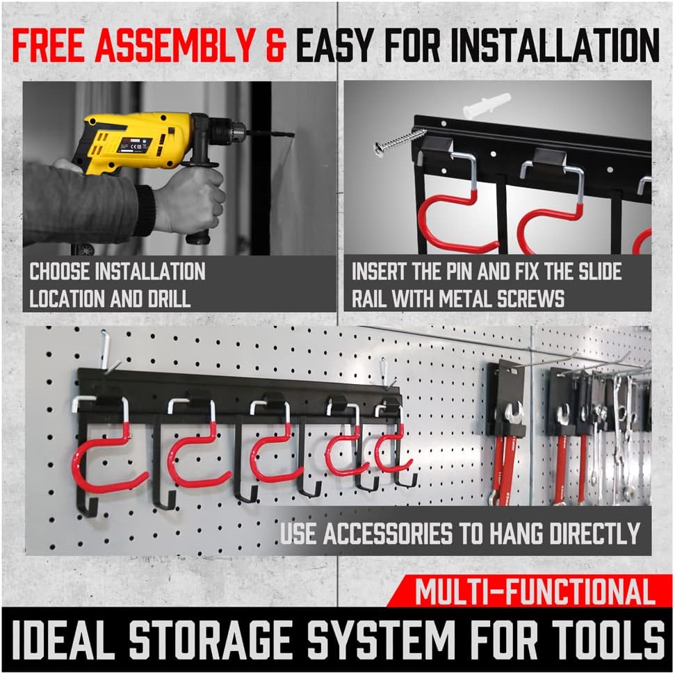 68" All Metal Garden Tool Organizer - Sturdy Garage Wall & Shed Organization System - Hooks for Shovel, Broom, Rake & More