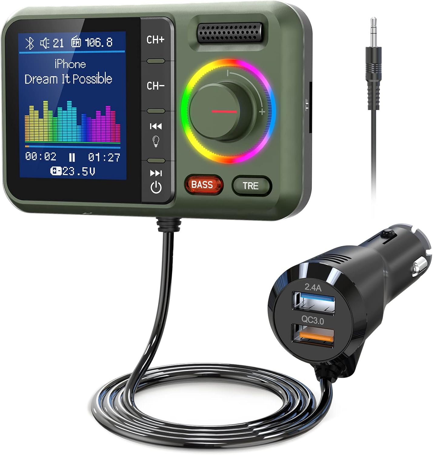 Nulaxy Bluetooth FM Transmitter for Car, Wireless Car Bluetooth Adapter with Big Color Screen, Support QC3.0 Fast Charging, Hands-Free Call, MP3 Music Player BASS&TRE Booster, TF Card AUX-KM28 Green