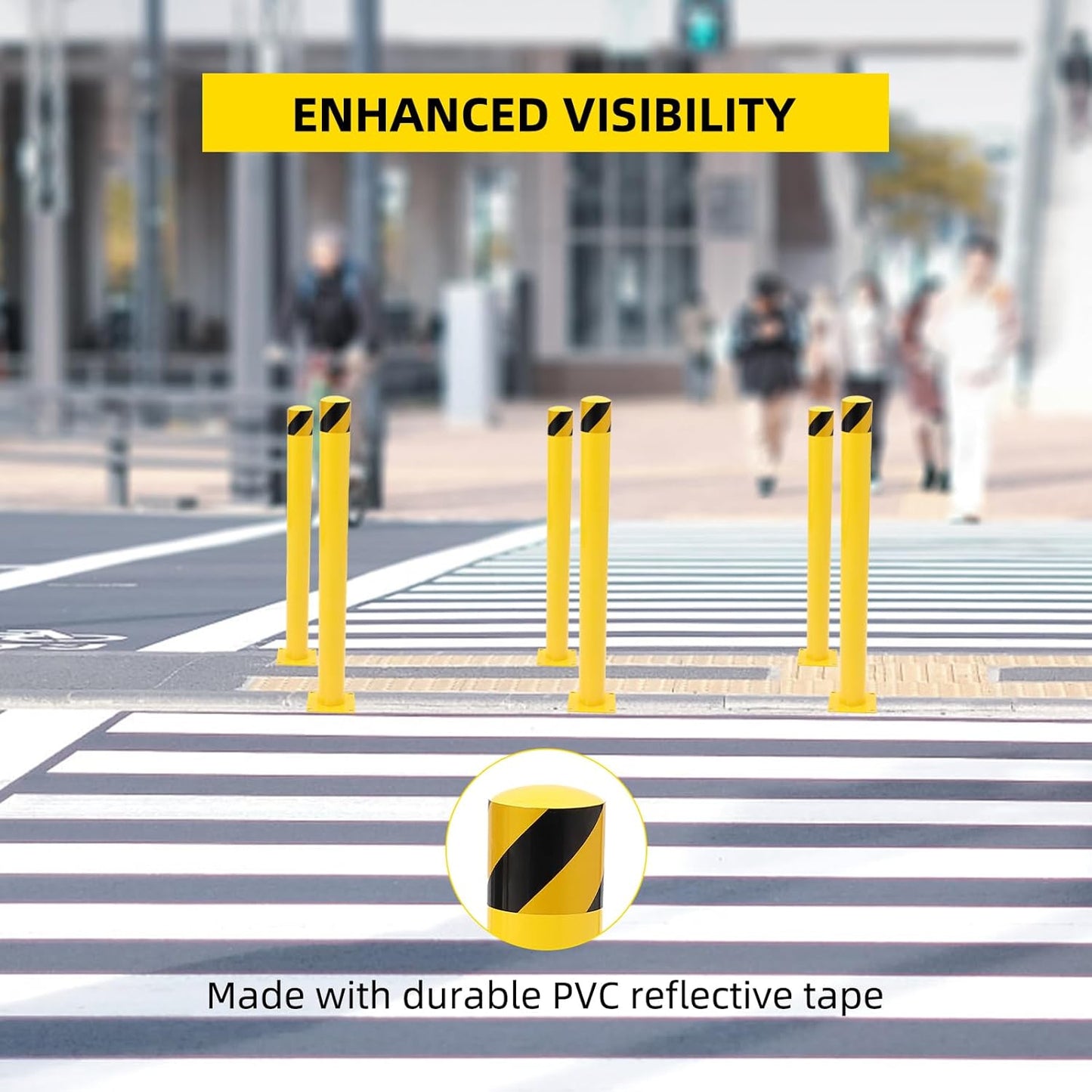 Safety Bollard 4 Packs, 48 Inch Height Steel Bollard Post for Parking Lot, 4.5 Inch Diameter Pipe, Yellow Safety Bollard Post with 8 Anchor Bolts, Ideal for Traffic-Sensitive Areas, Driveway Barrier