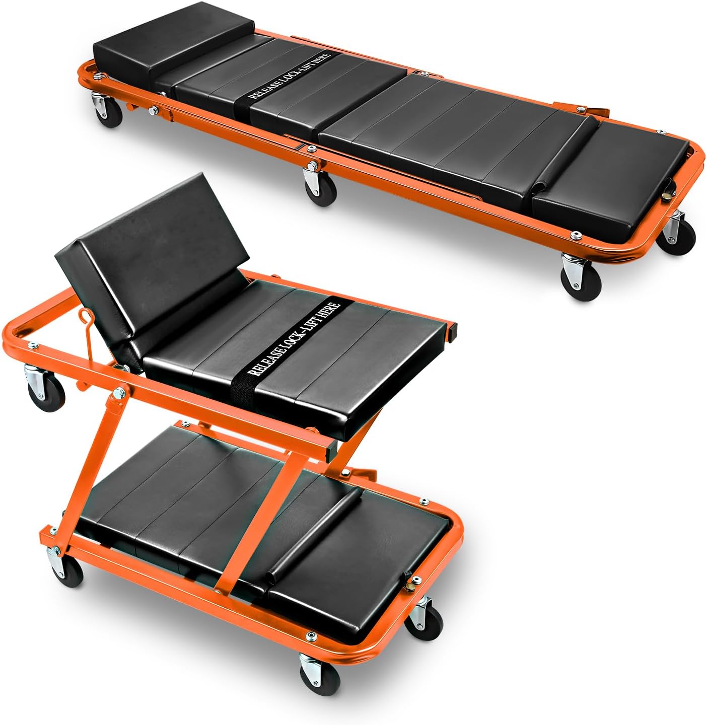 DNA MOTORING 48" 2 IN 1 Folding Rolling Garage Shop Creeper Roller Seat, 7 Pcs 2" Casters, 350 Lbs Weight Capacity, Orange, TOOLS-00193-OG