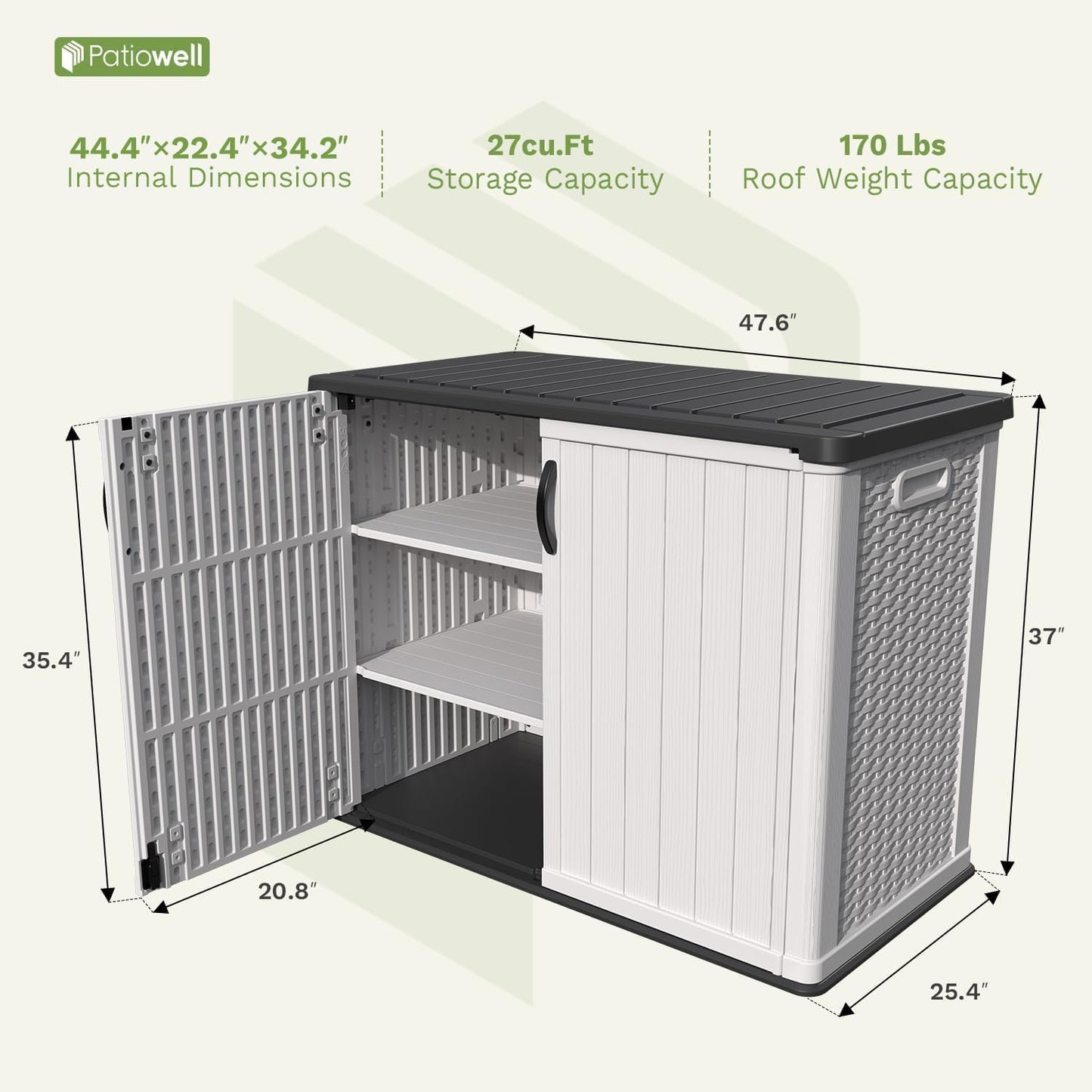 Patiowell 26 Cu.ft Plastic Outdoor Storage Shed w/o Shelf, Lockable Waterproof Horizonal Storage Cabinet Tool Box for Patio, Garden Tools, Garbage Cans, Pool Supplies, White(Not Include Shelves)