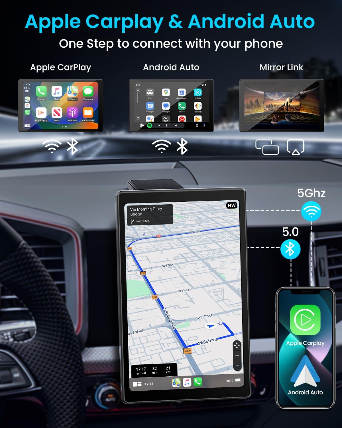 8” Wireless Apple CarPlay Screen for Car with Android Auto & 1080P Backup Camera, Rotatable Touchscreen Car Stereo, Vertical & Horizontal Mode, Bluetooth, GPS Navigation, Mirror Link