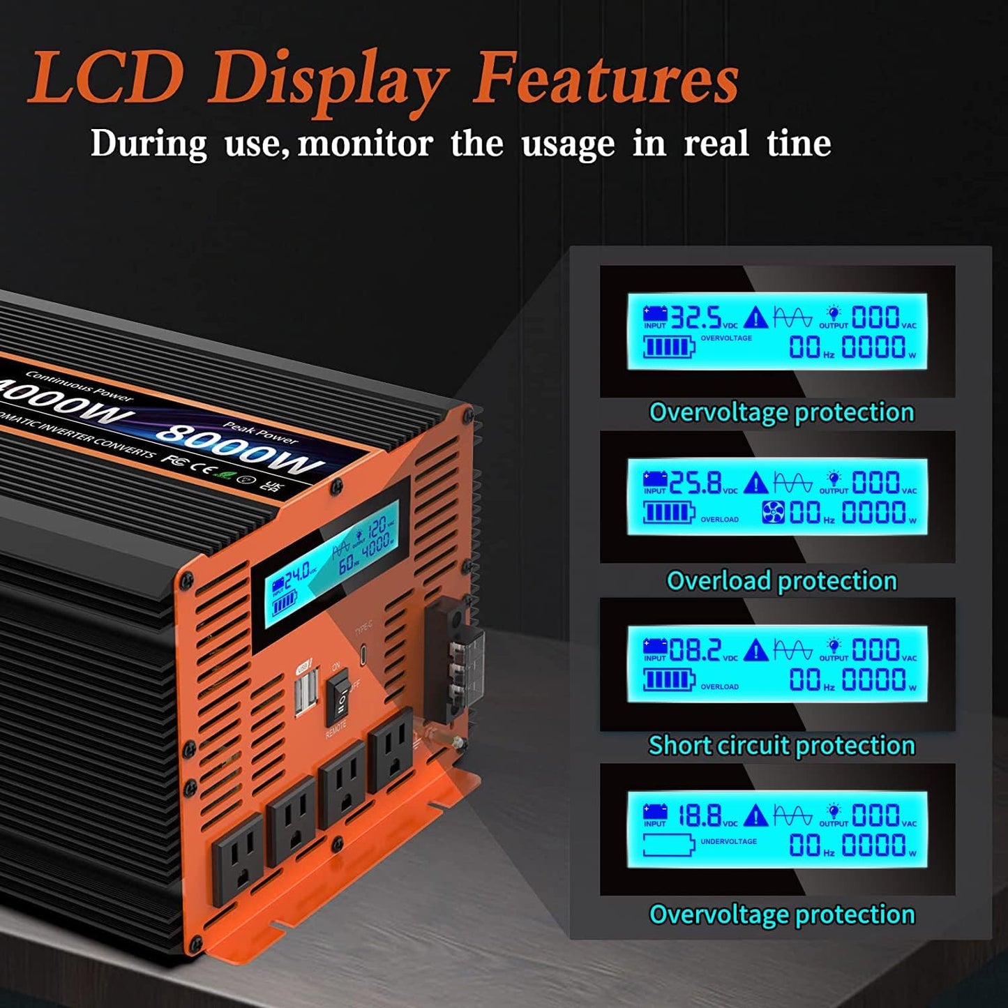 4000 Watt Pure Sine Wave Power Inverter 24V DC to 110V 120V Converter for Family RV Off Grid Solar System Car with Type-C Ports 4 AC Power Outlets Dual USB Ports LCD Display and Remote Control