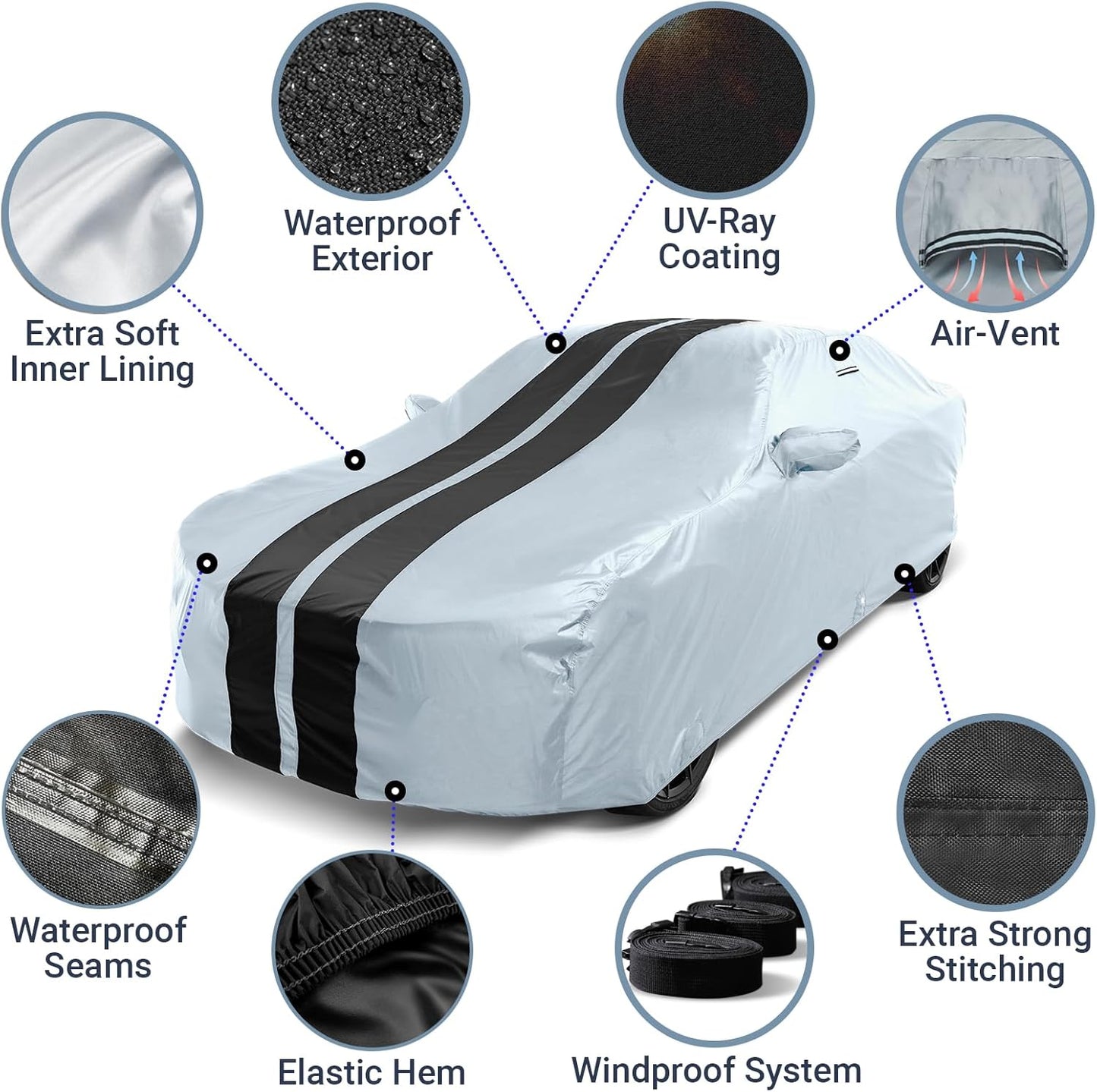 iCarCover Custom Car Cover for Chevy Impala (2000-2020) Waterproof All Weather Rain Snow UV Sun Protector Full Exterior Indoor Outdoor Car Cover (Stripe - Gray/Black)