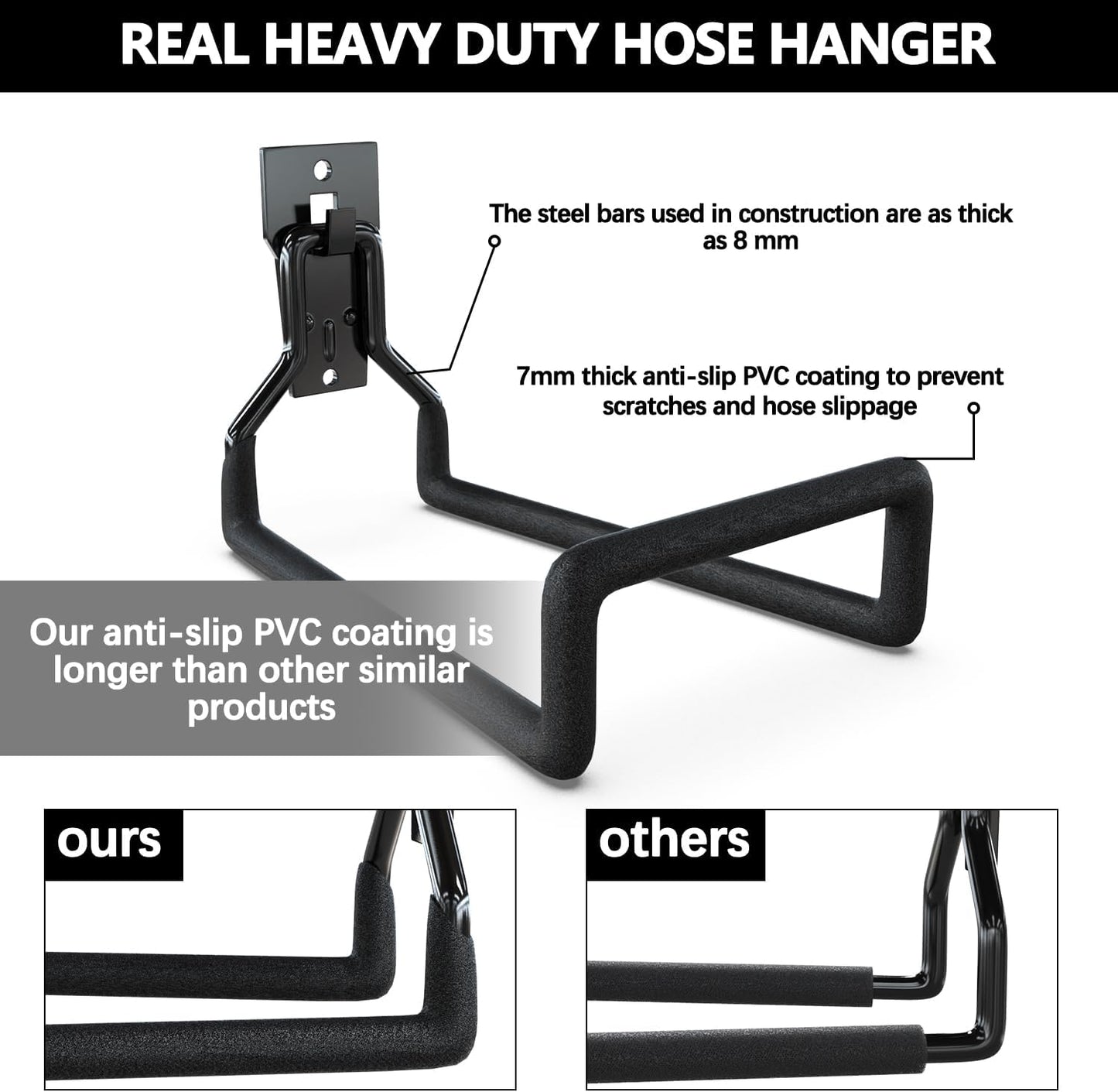 3-H Solid Steel Garden Hose Holder - 4 Pack Wall Mount Hanger with Extension Strap for Outdoor Air Hose, Ropes, Pipes & More