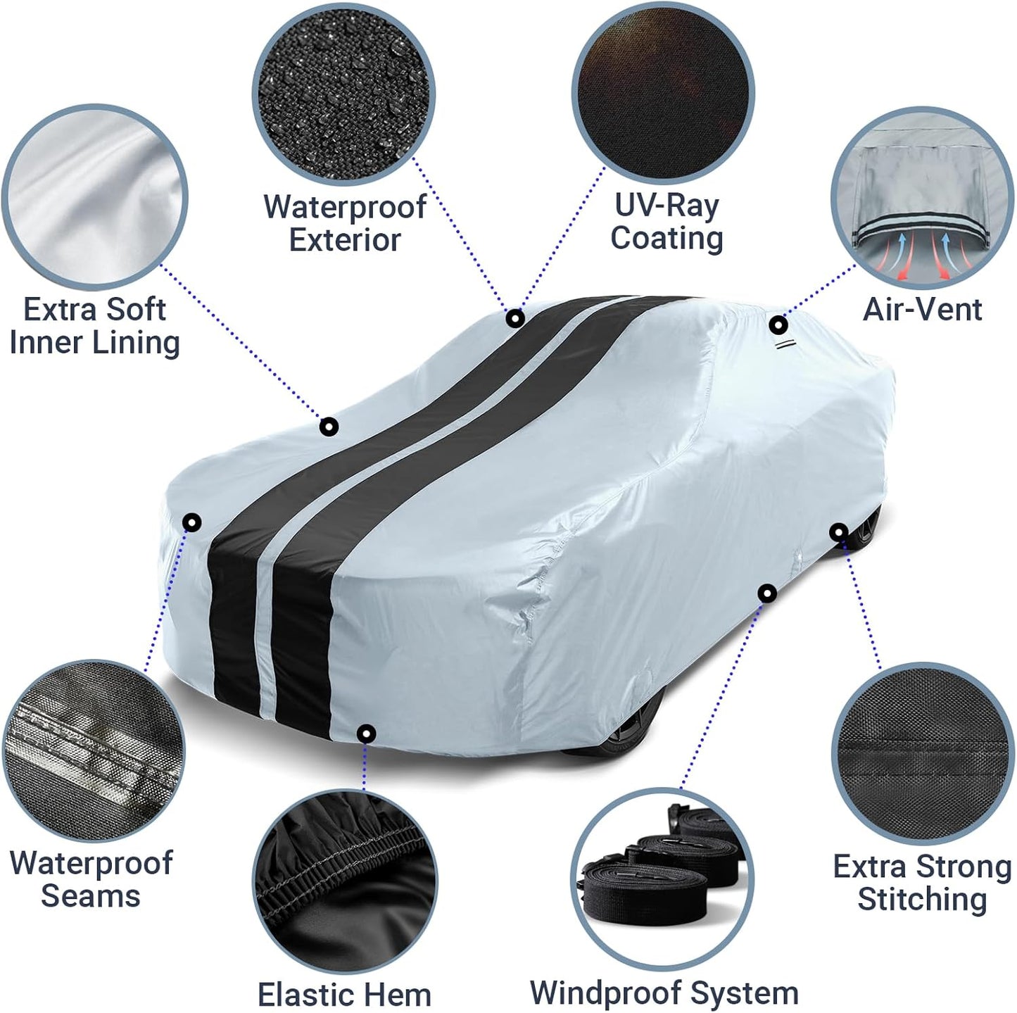 iCarCover Custom Car Cover for Pontiac Safari Wagon (1965-1976) Waterproof All-Weather Rain Snow UV Sun Protector Full Exterior Indoor Outdoor Car Cover (Stripe - Gray/Black)