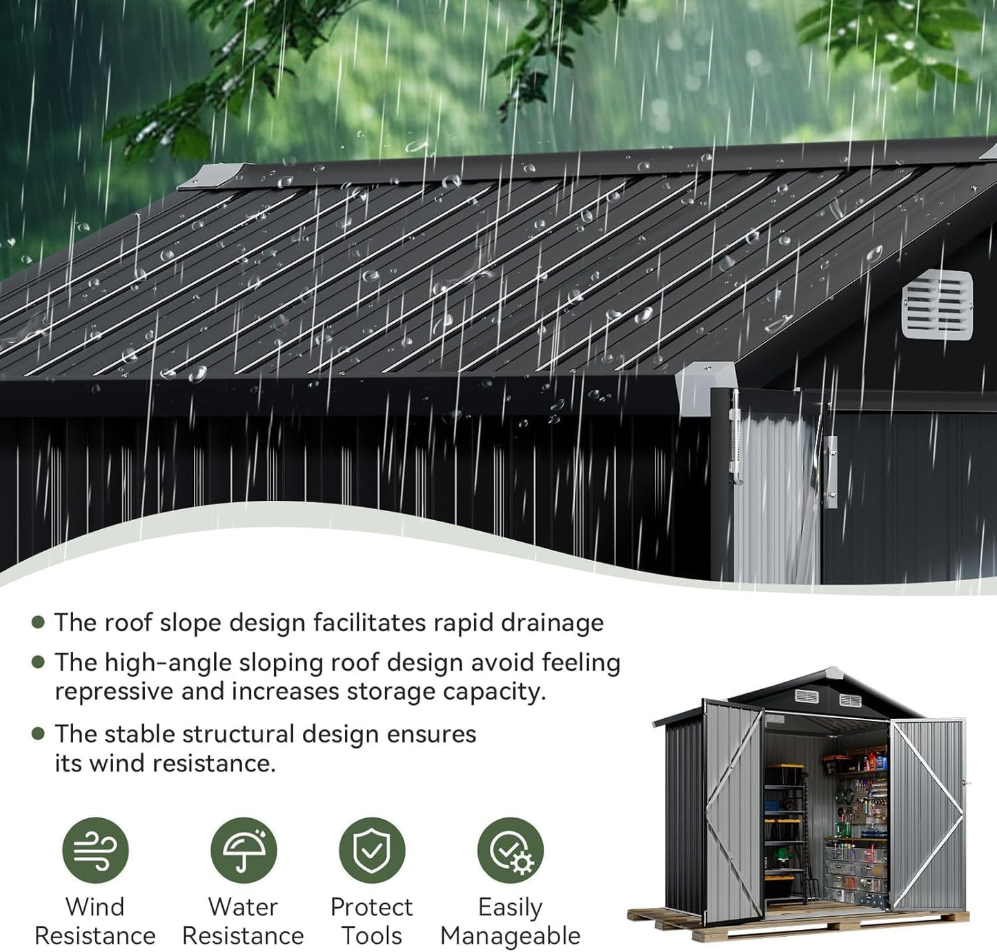 Aoxun 6.2x4 FT Shed Outdoor Galvanized Storage Shed with Large Lockable Doors for Lawn, Backyard, Patio (Black)