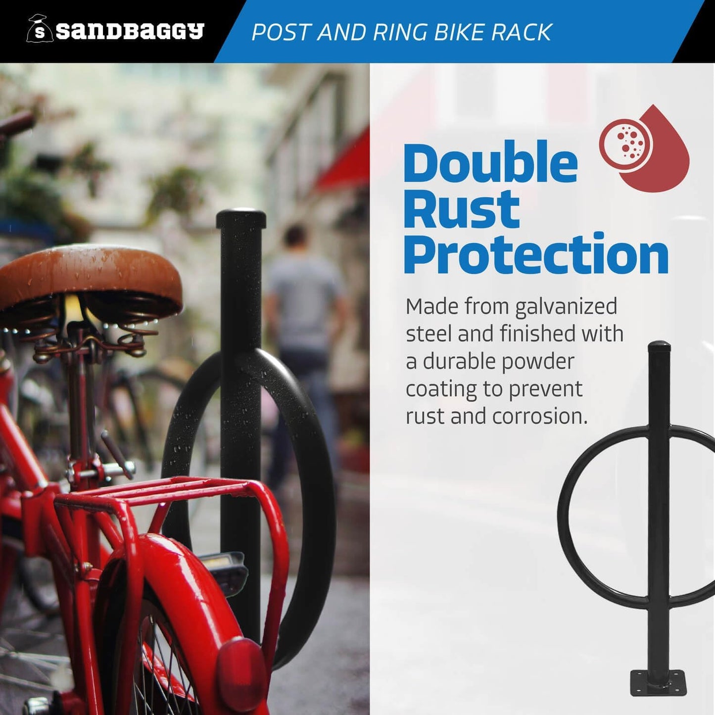 Sandbaggy Post and Ring Bike Rack - Commercial Bike Racks - Galvanized Steel - Anti-Theft Design - In Ground, Apartments, Sidewalks, Industrial (Red, 20)