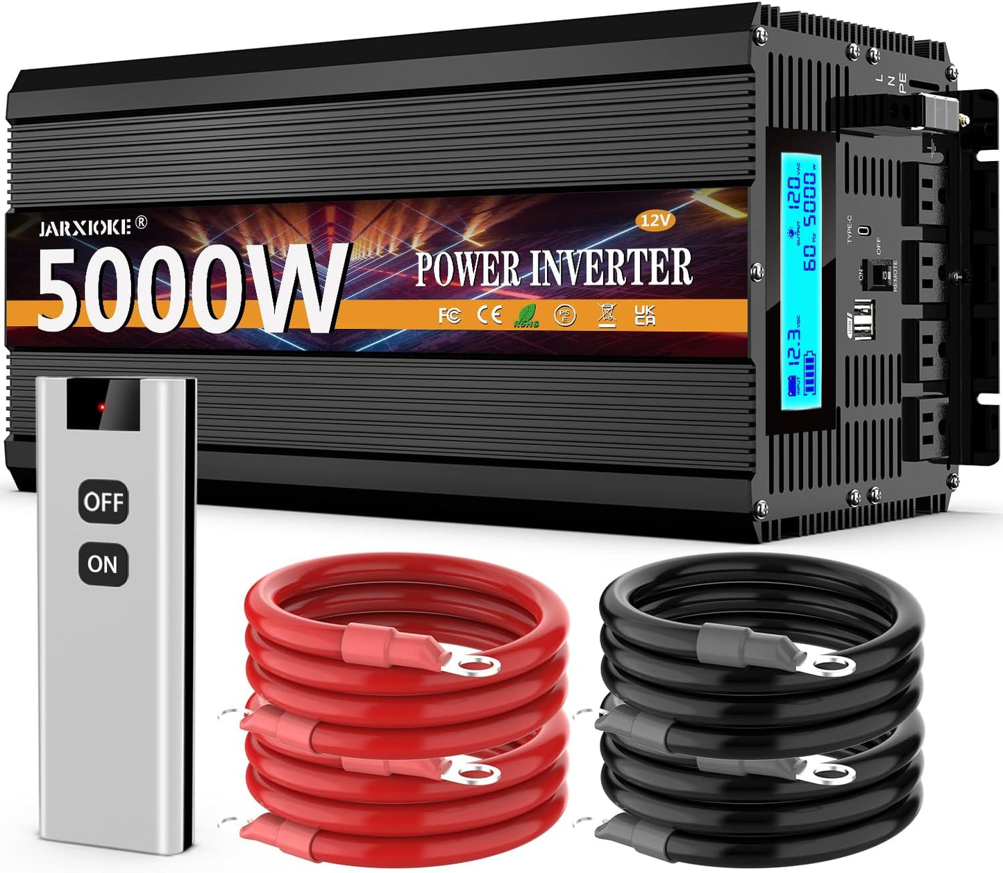 5000 Watt Power Inverter 12V DC to 110V 120V Converter for Family RV Off Grid Solar System Car with Type-C Ports 3 AC Power Outlets Dual USB Ports LCD Display Wireless Remote Control