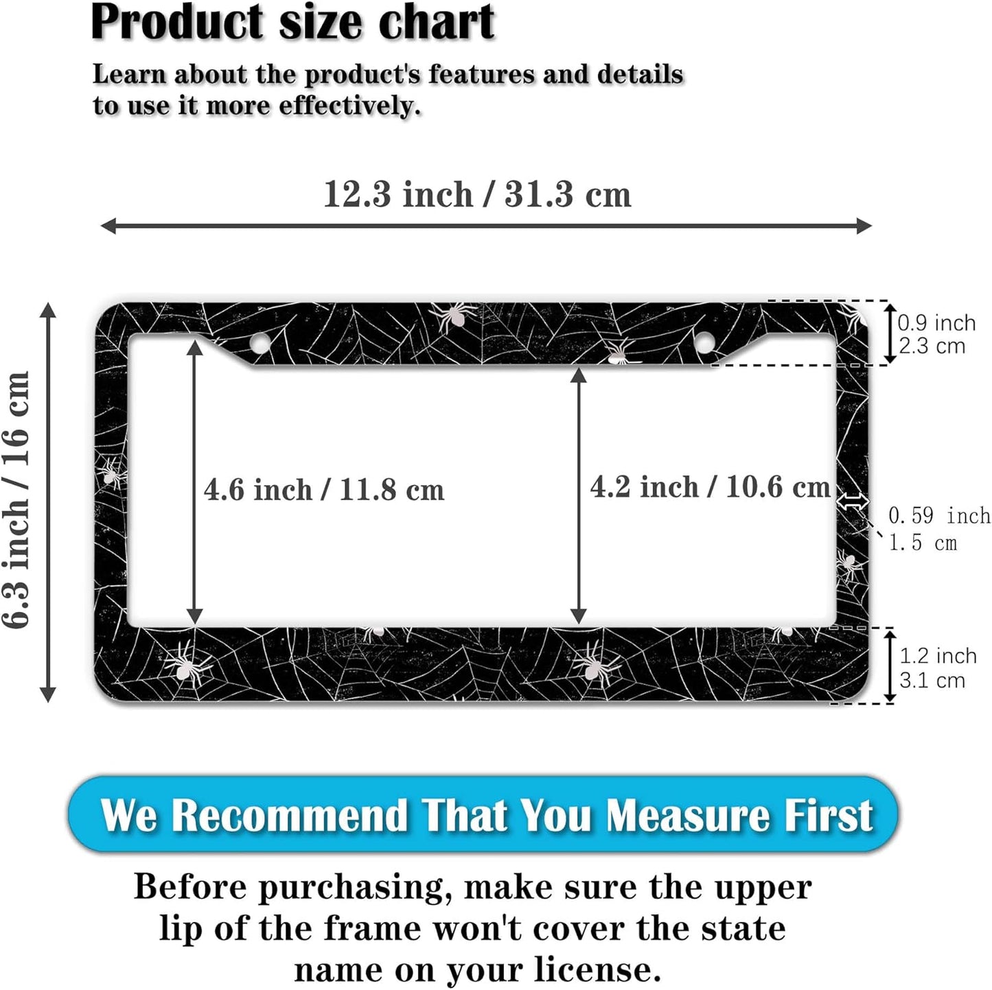 License Plate Cover for Men Black and White License Plate Frames for Women Spider Web Universal Aluminum Car Accessory 2 Pack with Screw Covers Set