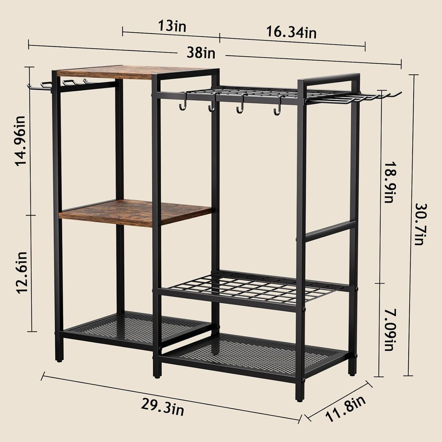 Garden Garage Tool Organizer - with 3-tier Shelves, Yard Tool Organizer for Garage with 4 Hooks, Heavy duty Steel Garden Tool Rack Holds up to 48 Long Handled Yard tools for Storage