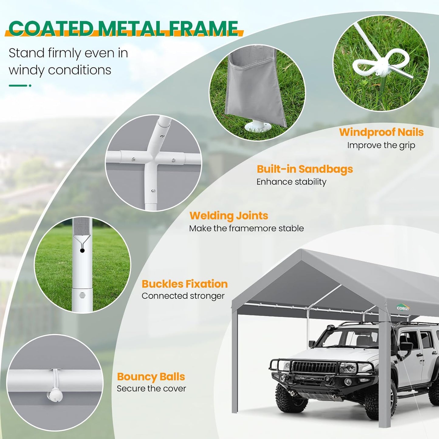 COBIZI Carports 10x20 Heavy Duty Car Tent Garage, Galvanized Frame Car Canopy Outdoor Shelter Waterproof & UV Protected with Windproof Ropes & Built-in Sandbags for Car Truck Boat, Gray