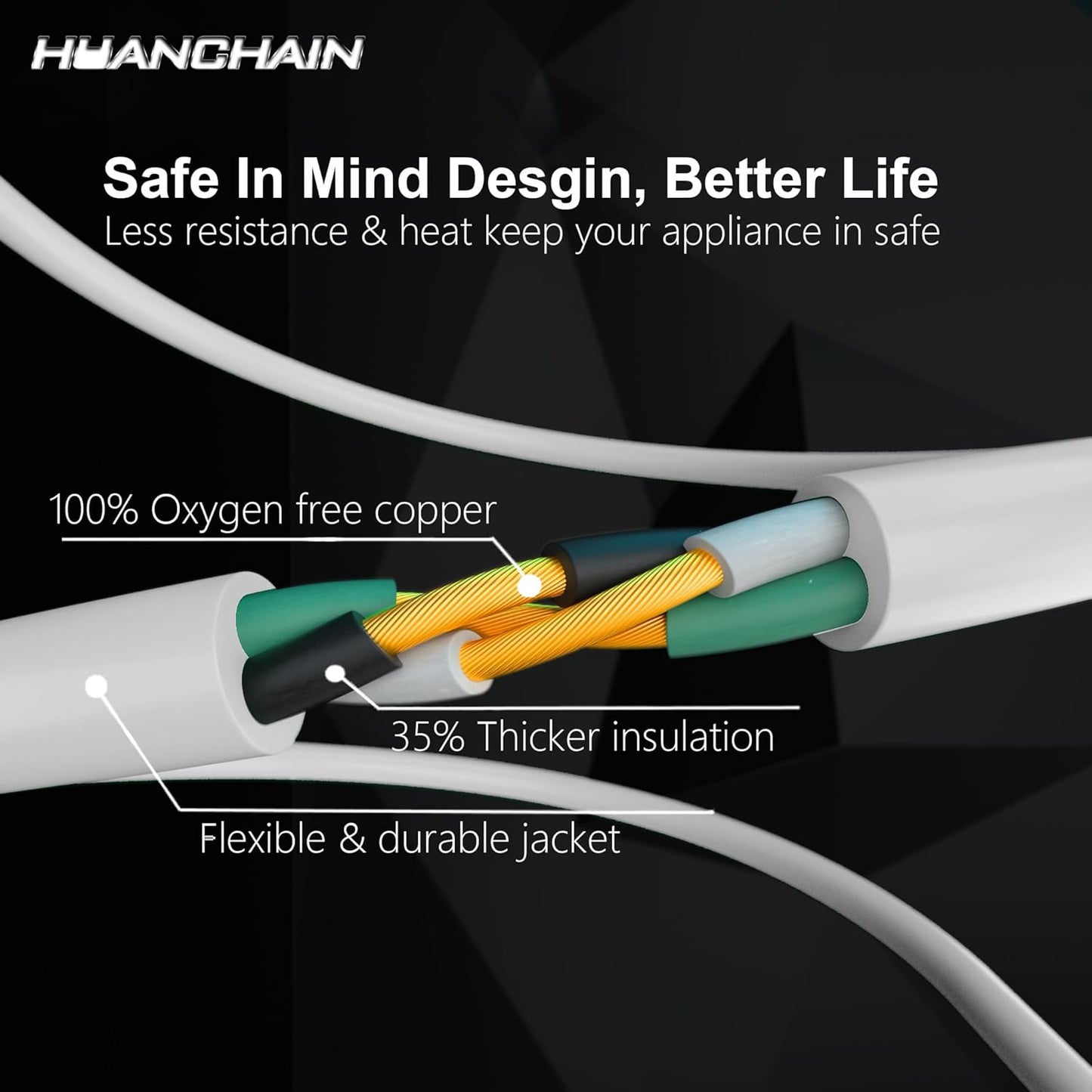 HUANCHAIN Indoor Outdoor White Extension Cord 8 ft Waterproof, 16/3 Gauge Flexible Cold-Resistant Appliance Extension Cord Outside, 13A 1625W 16AWG SJTW, 3 Prong Heavy Duty Electric Cable, ETL