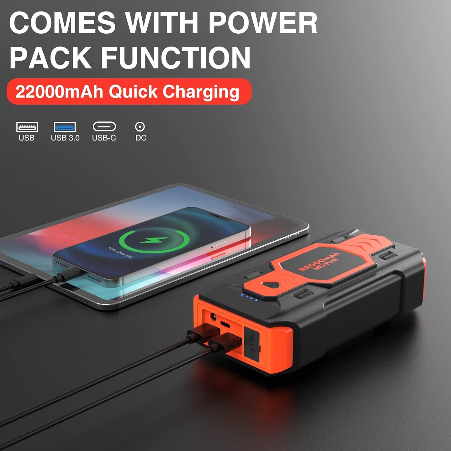 NEXPOW 2500A Peak Car Battery Jump Starter (Up to 8.0L Gas/8L Diesel Engines), 12V Auto Car Battery Booster Pack, Portable Jump Box with USB Quick Charge 3.0 and LED Light Red Blue Warning