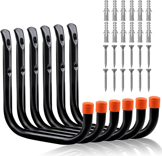 HORUSDY 6 Pack Garage Hooks, 8 inch Utility Hooks, Garage Hooks Heavy Duty Wall Hooks (Black, 8 inch)