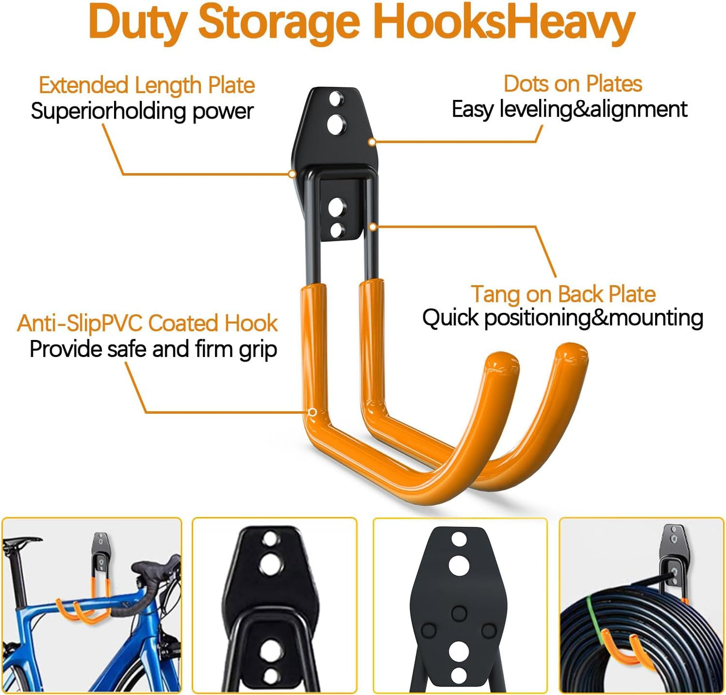 3-H Large Garden Hose Holder Wall Mount 4 Pack,Solid Steel Hose Hanger,Water Hose Holders for Outside,Perfect for Hanging Outdoor Air Hose,Ropes,Pipes,Garden Tools,Ladders,Bikes,Bulk Items(Orange)