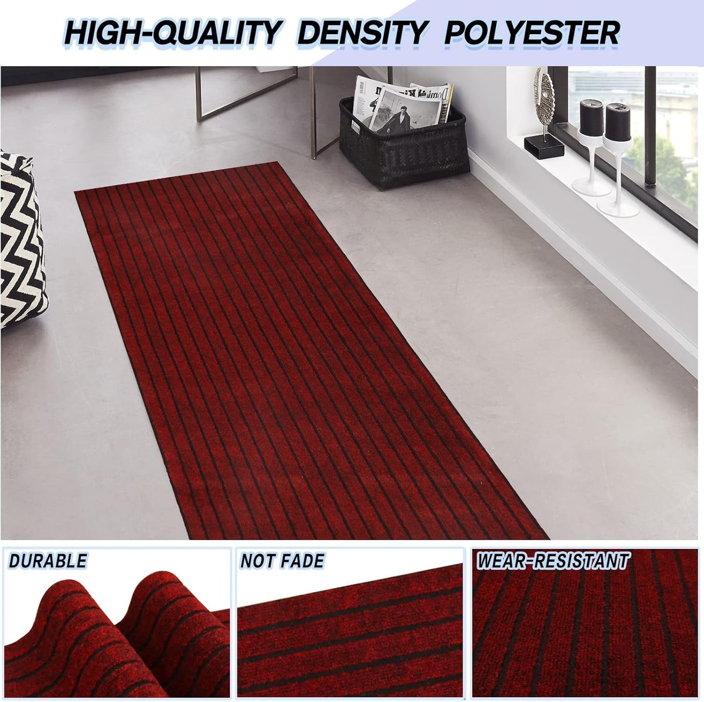 Custom Size Backed Non-Slip Area Rugs Runner, Easy Clean, Waterproof Runner Rugs for Hallway Entryway, Kitchen, Laundry, 4FT x 37FT, Red Stripe