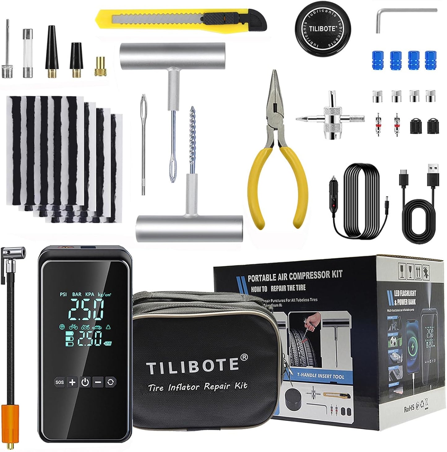 Tire Repair Kit,50PCS Tire Inflator Portable Air Compressor with 24000mwh Cordless Air Pump (150 PSI) for MPVs, Cars, E-Bikes and Motorcycles