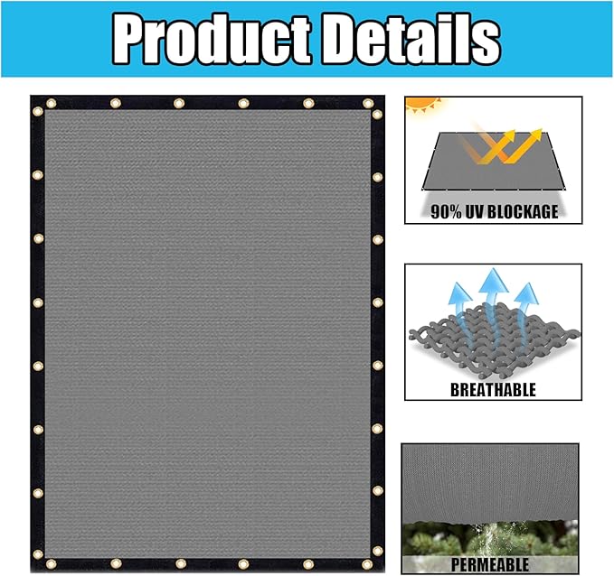 Amagenix 90% Shade Fabric 7'X 12' Gray Sun Shade Cloth with Grommets for Pergola Replacement Shade Cover Canopy, Heavy Duty, Cable Zip Ties Included (We Customized)