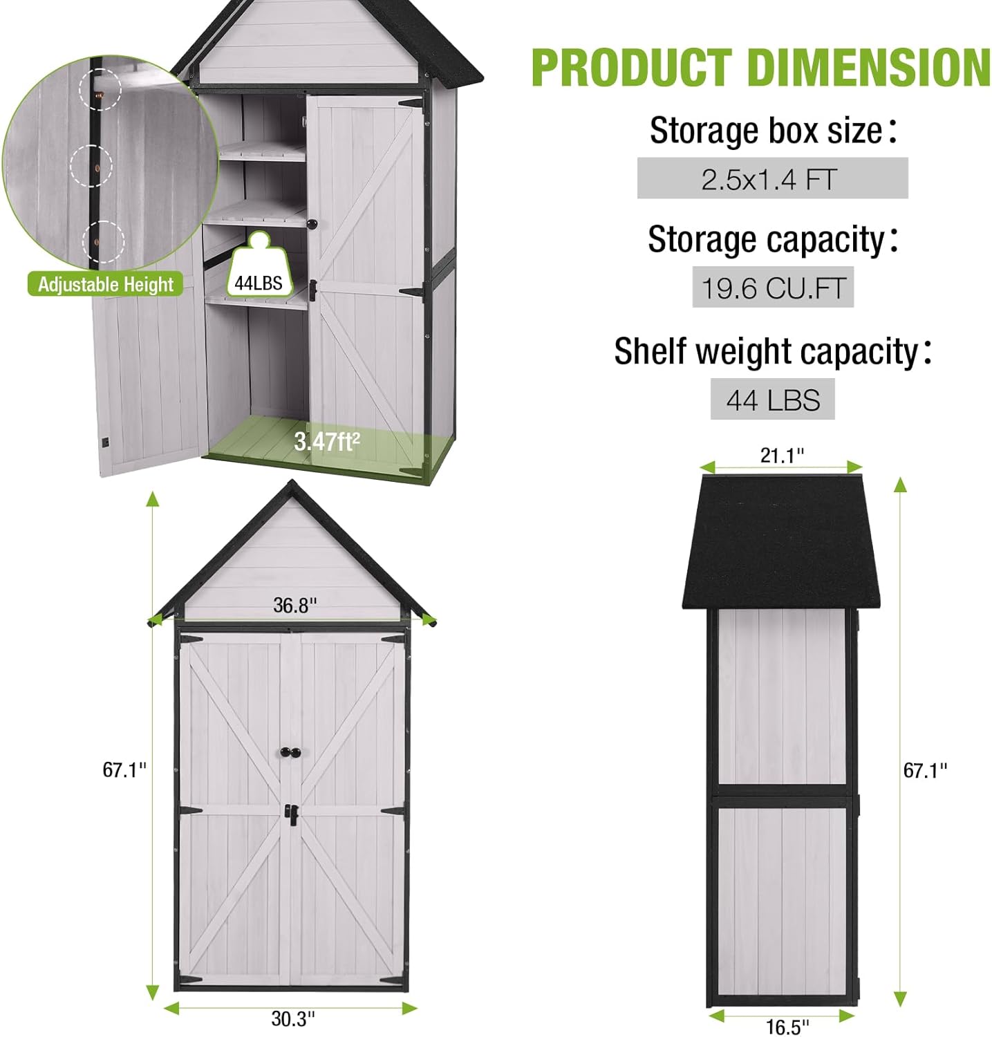 GUTINNEEN Sheds Outdoor Storage Wooden Garden Tool Shed with Metal Frame Sloped Roof and Adjustable 3 Tiers Shelves Outdoor Storage Cabinet for Backyard Garden Patio Lawn 67.1"(Off White)