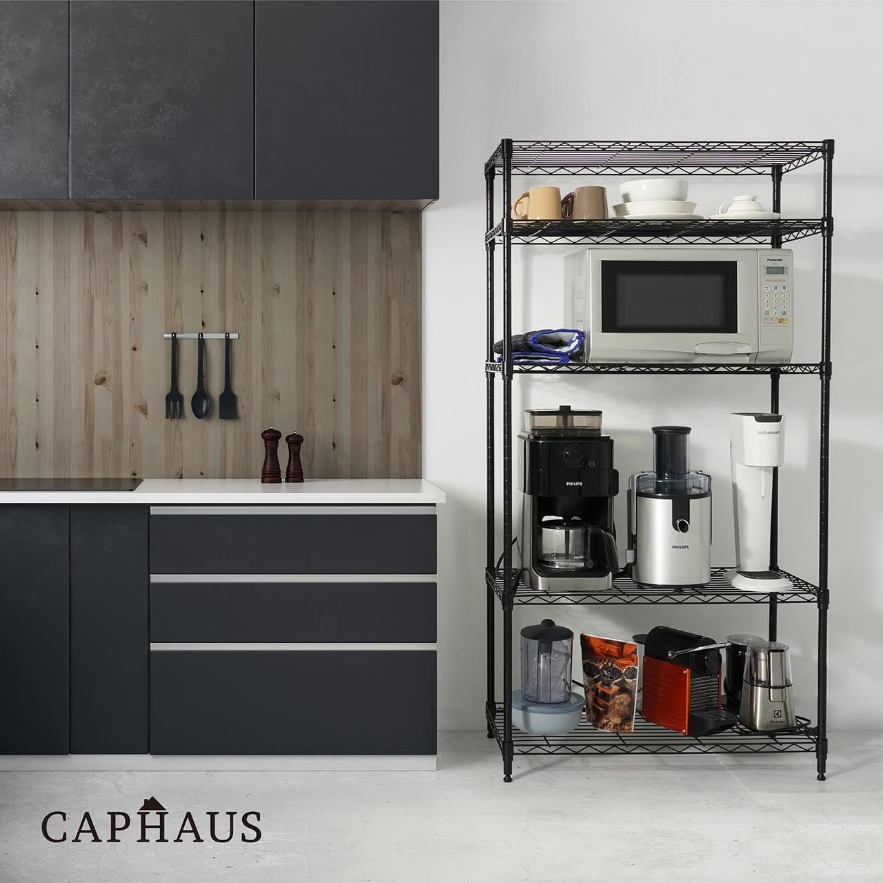 CAPHAUS NSF Adjustable Height Wire Shelving Unit w/Liner, Basement Storage Shelving, Metal Steel Storage Shelves, Garage Shelving Storage Organizer, Utility Shelf, 4-Tier W/Wheels W/Liners, Black
