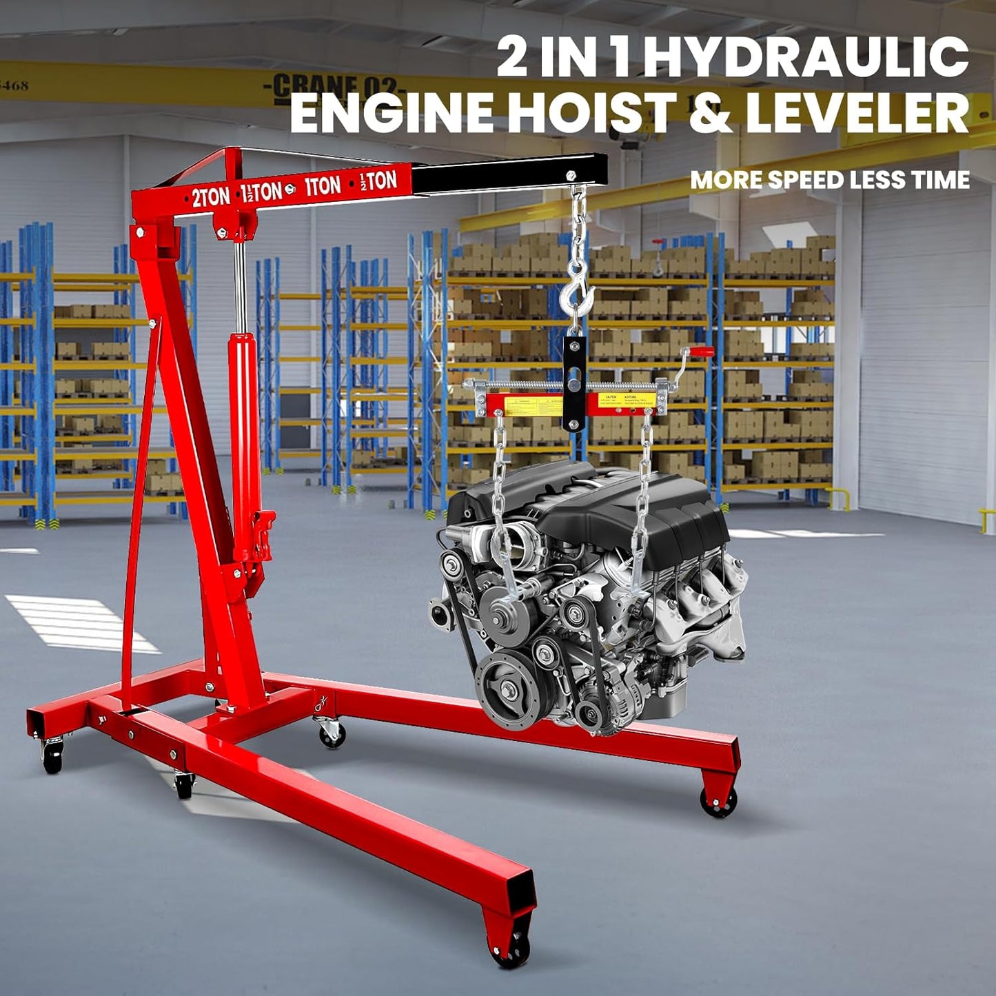 4400 Lbs Folding Engine Hoist Cherry Picker, 2 Ton Engine Hoist with Lever, with 6 Casters, 8 Ton Hydraulic Pump 4 Adjustable Position, Engine Crane for Garage, Workshop, Repair(Red)