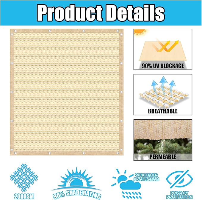 Amagenix 90% Pergola Shade Cover 6' X 7' Sun Shade Cloth with Grommets for Outdoor Garden Patio Porch, Commercial Grade 200 GSM - Cable Zip Ties Included (We Customized) GN108, Wheat