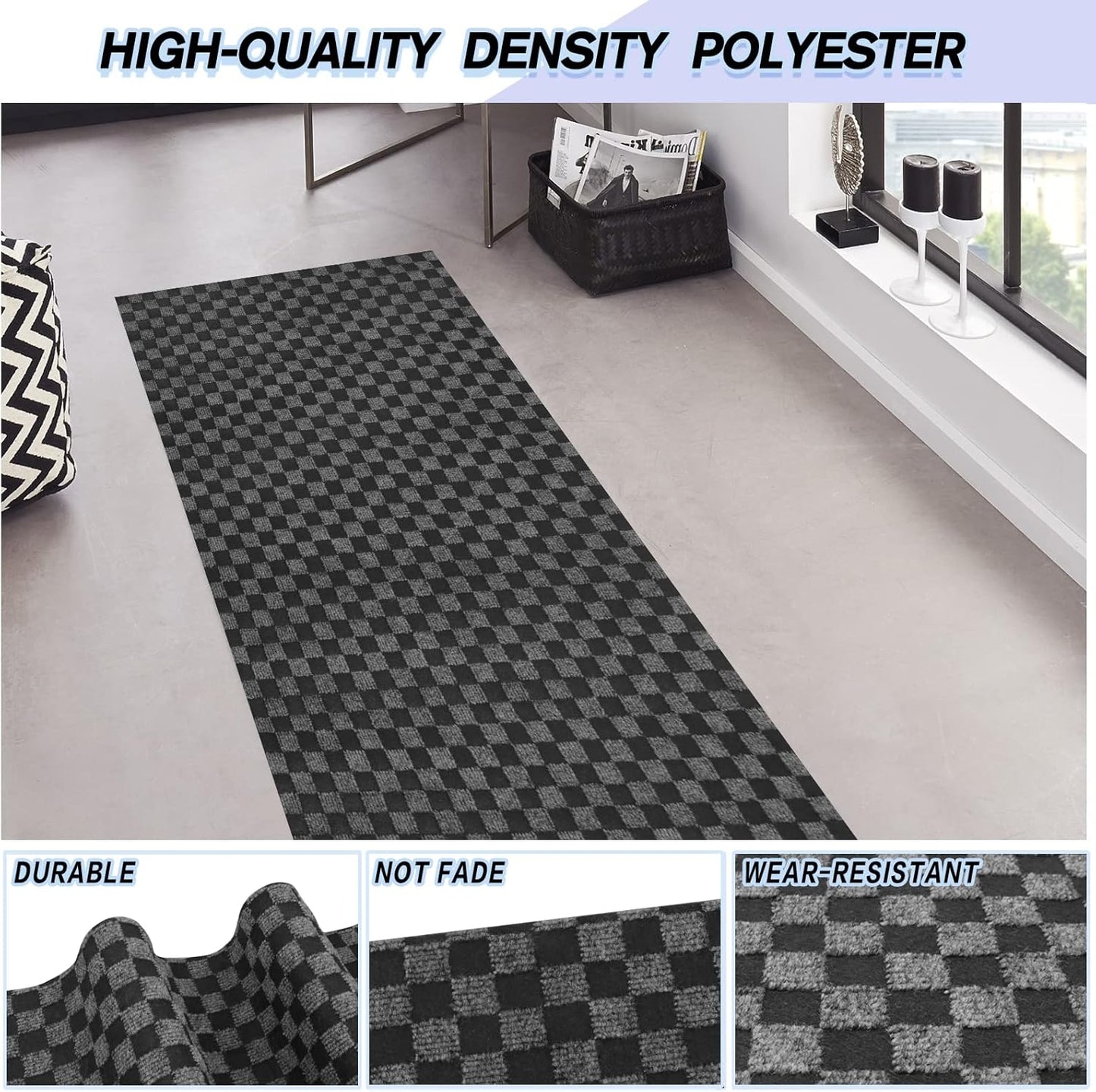 Custom Size Backed Non-Slip Area Rugs Runner, Easy Clean, Waterproof Runner Rugs for Hallway Entryway, Kitchen, Laundry, 3FT x 42FT, Gray Checkered