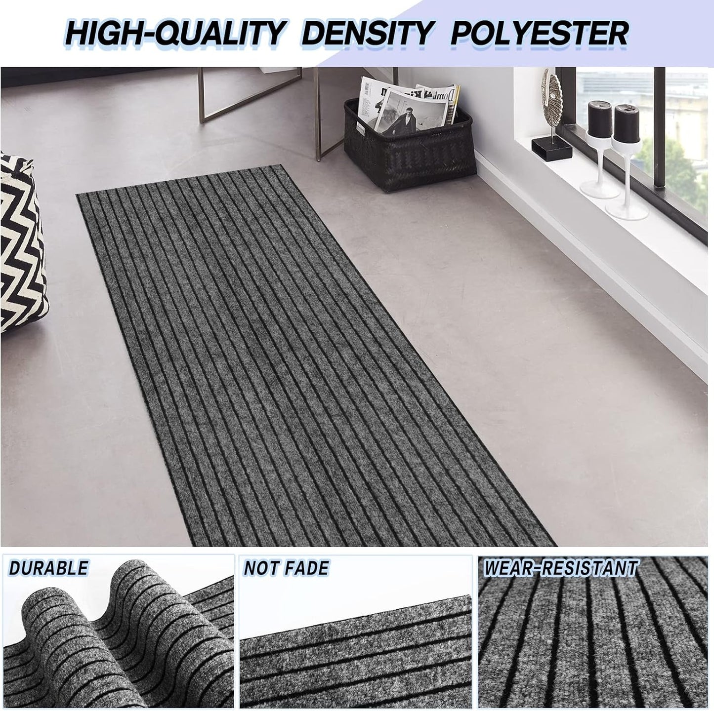 Custom Size Backed Non-Slip Area Rugs Runner, Easy Clean, Waterproof Runner Rugs for Hallway Entryway, Kitchen, Laundry, 2FT x 74FT, Gray Stripe