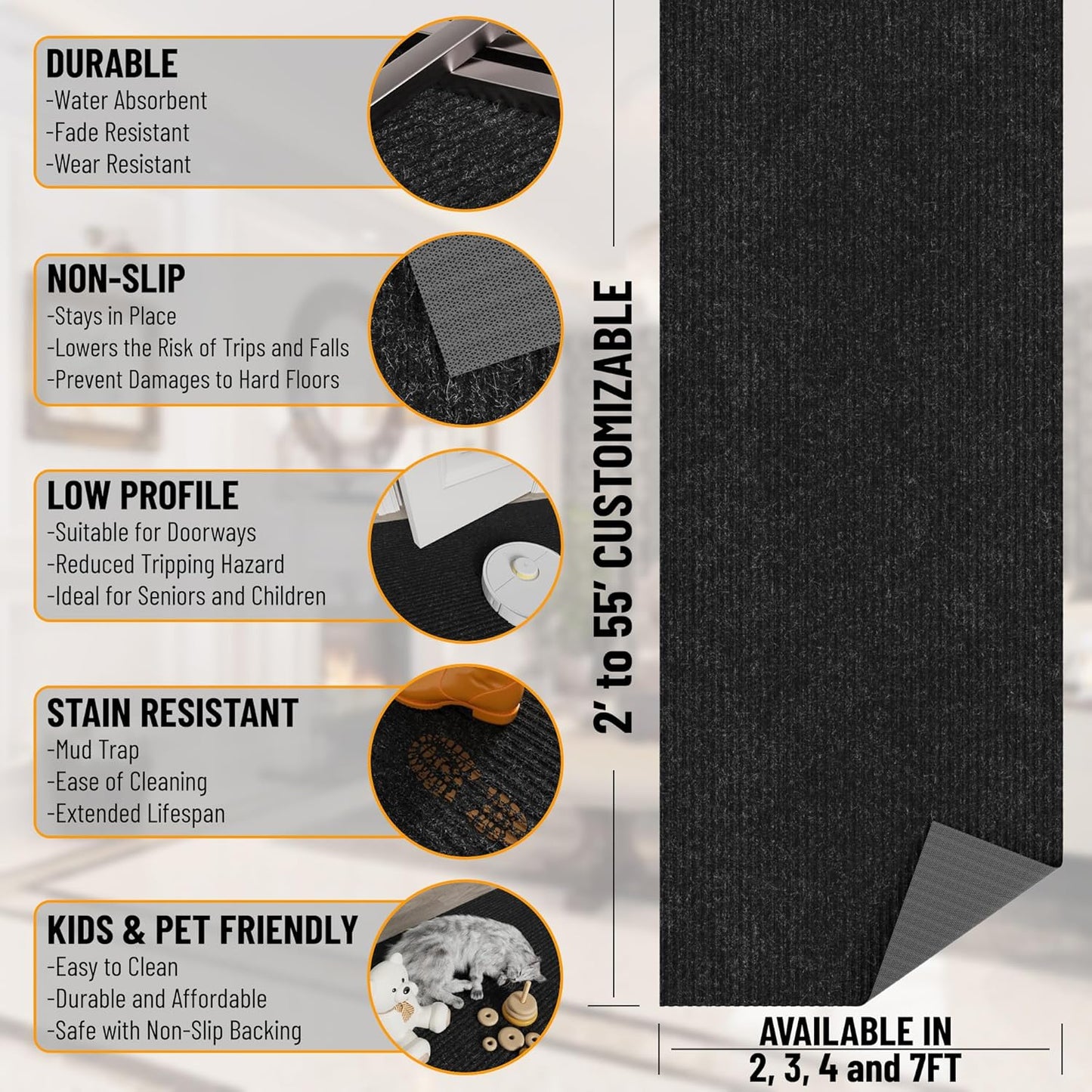 Ottomanson Mud Mat 2' x 2' Entryway Rug - Non-Slip Scraper Doormat for Muddy Paws, Dirt Trapping Indoor/Outdoor Mat for High-Traffic Areas, Kitchen, Garage, Patio, Black