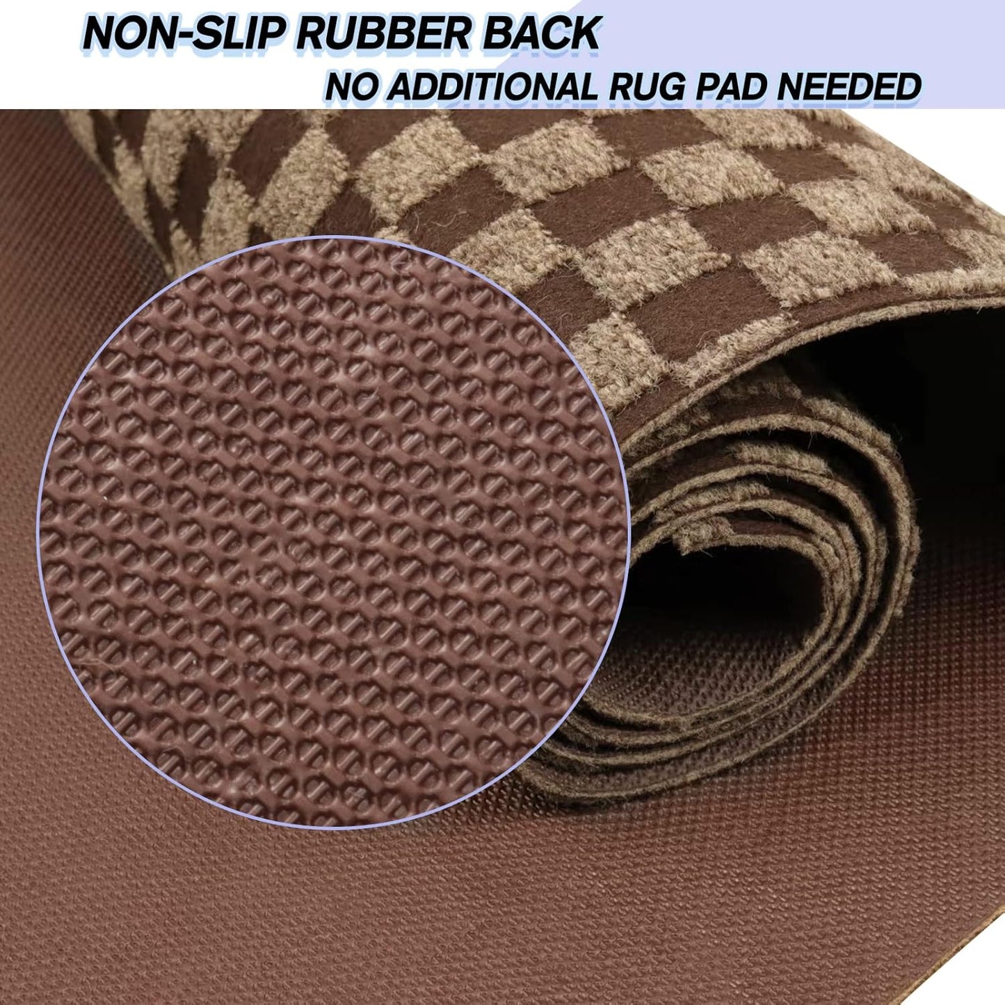 Custom Size Backed Non-Slip Area Rugs Runner, Easy Clean, Waterproof Runner Rugs for Hallway Entryway, Kitchen, Laundry, 4FT x 41FT, Brown Checkered